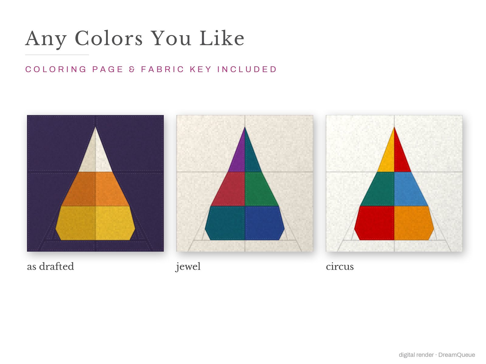 The Candy Corn quilt block in three colorways, as drafted, pastel and jewel tones; a coloring page and fabric key are included