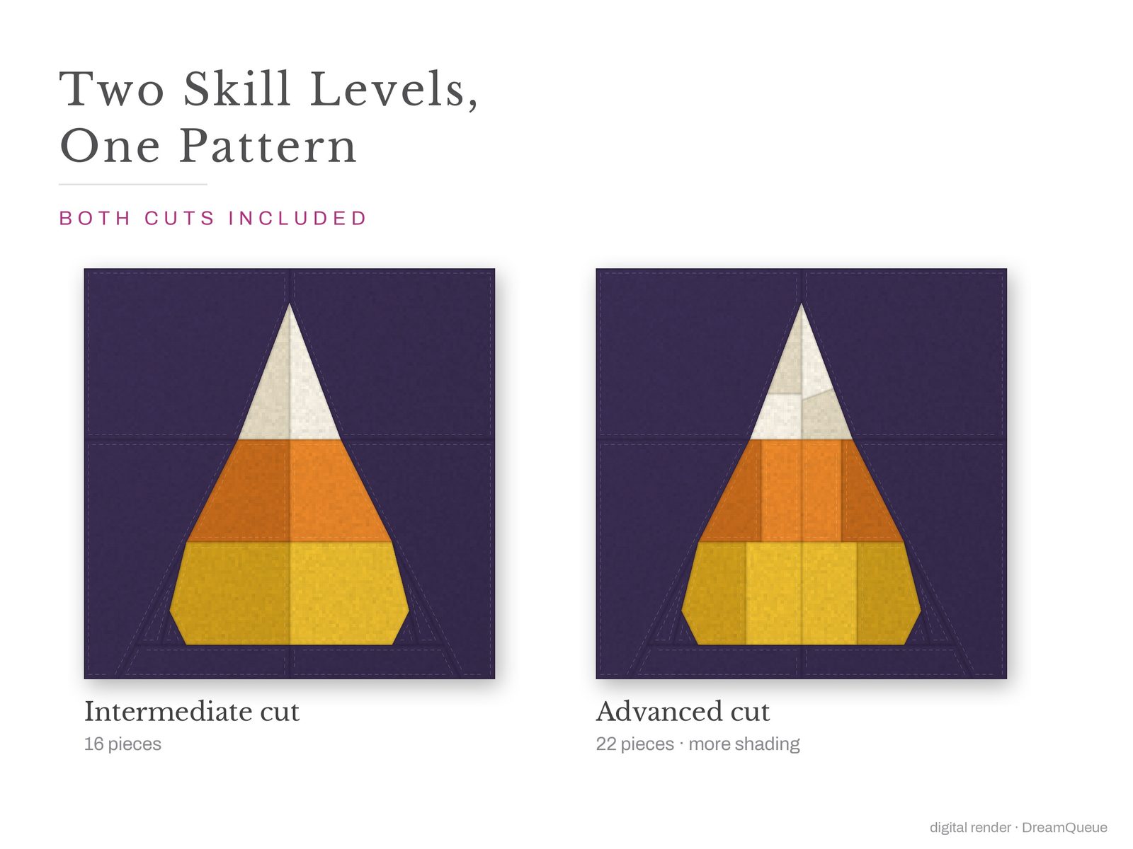 Candy Corn: Skill level intermediate: no Y-seams, mirrored and labeled templates, every size checked, pieces numbered in sewing order, cutting chart and fabric to buy