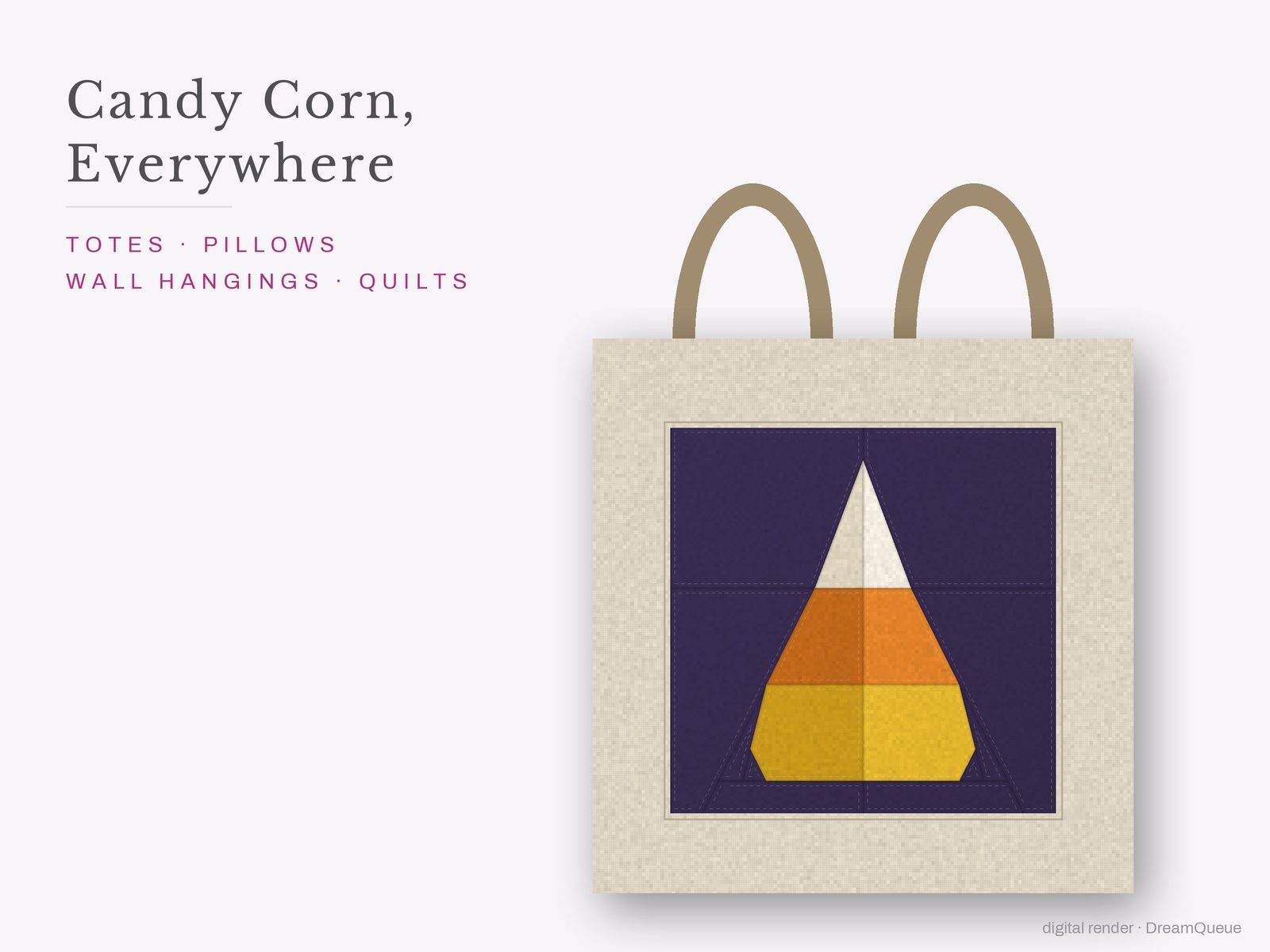 The Candy Corn quilt block sewn into a tote bag, one idea for totes, pillows, wall hangings and quilts