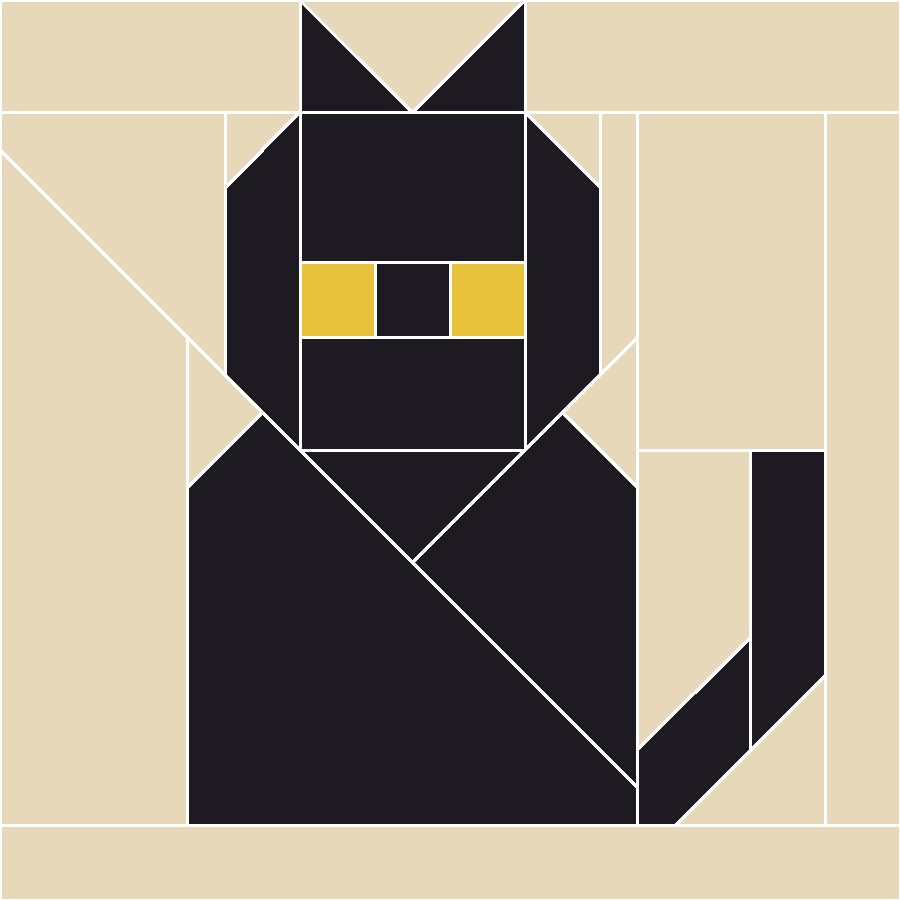 Black Cat Quilt Block Pattern with every seam line shown