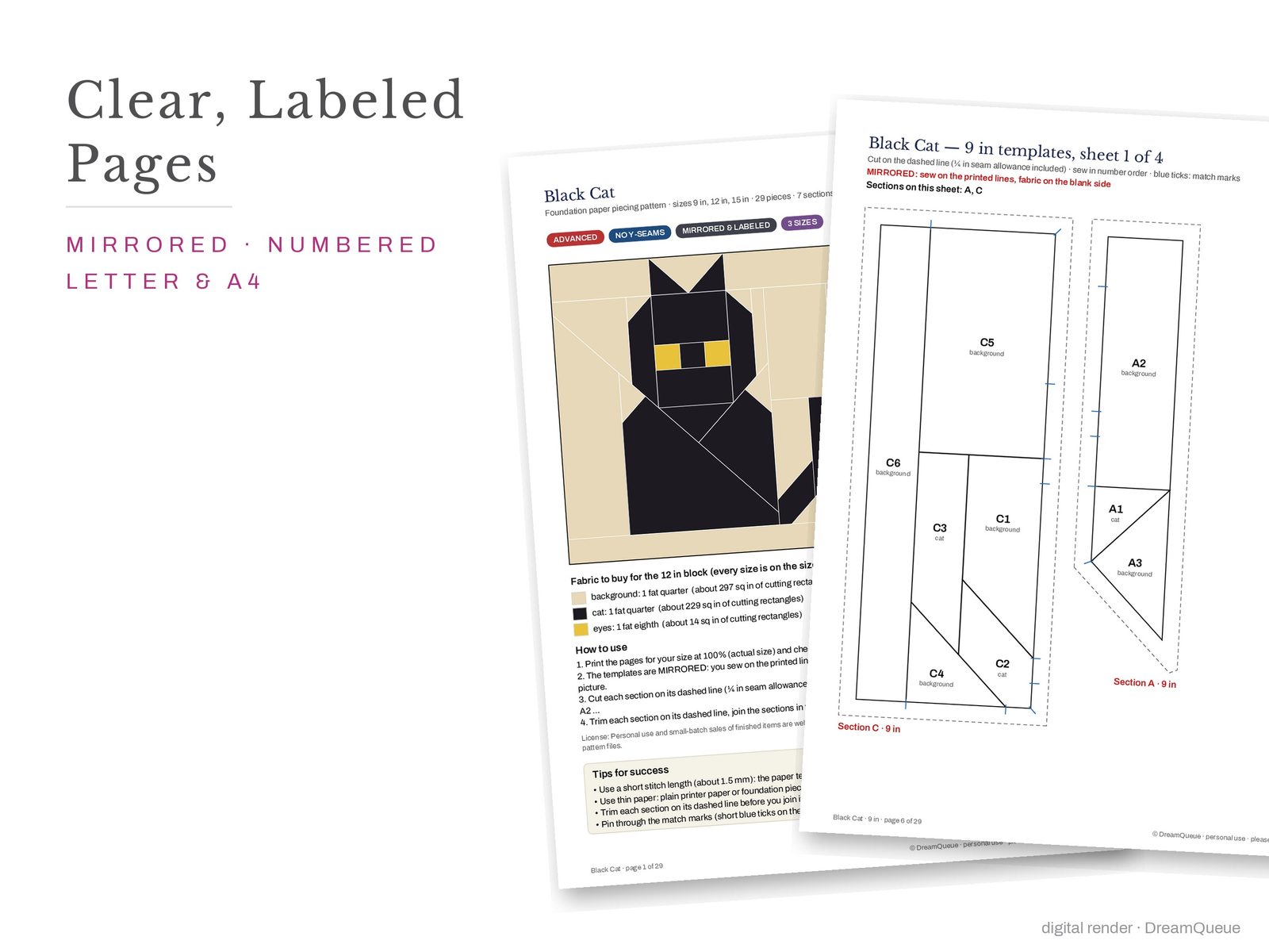 Cover page and a mirrored, numbered template sheet from the Black Cat quilt block FPP pattern