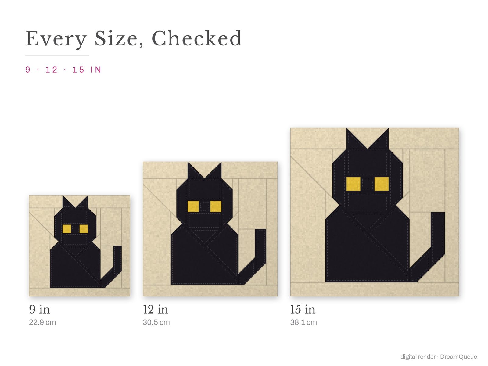 The Black Cat quilt block at every finished size: 9, 12 and 15 inch