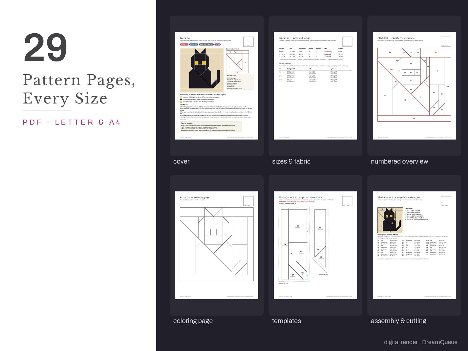 Thumbnails of the Black Cat quilt block pattern pages: cover, size and fabric chart, numbered overview, coloring page, templates, assembly and cutting chart
