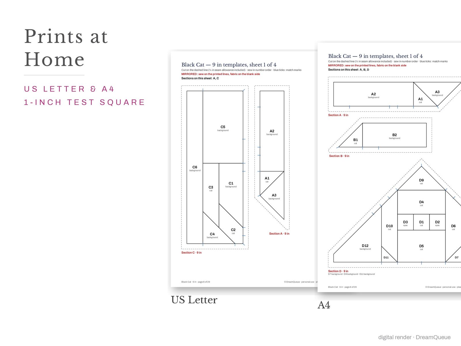 Black cat quilt block templates printed on US Letter and A4 paper with a 1-inch test square to check the print scale