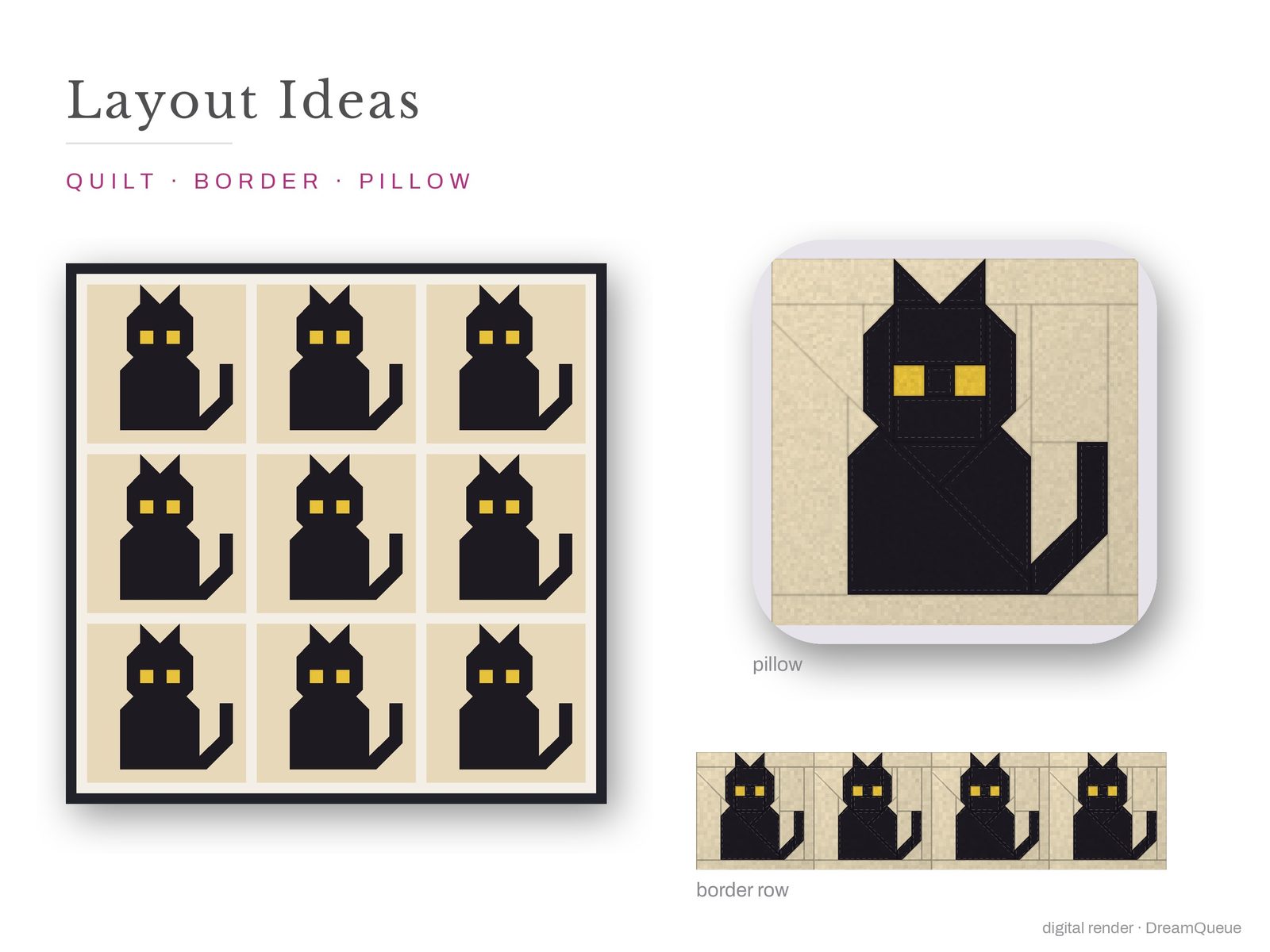 Layout ideas for the Black Cat quilt block: a full quilt, a border row and a pillow