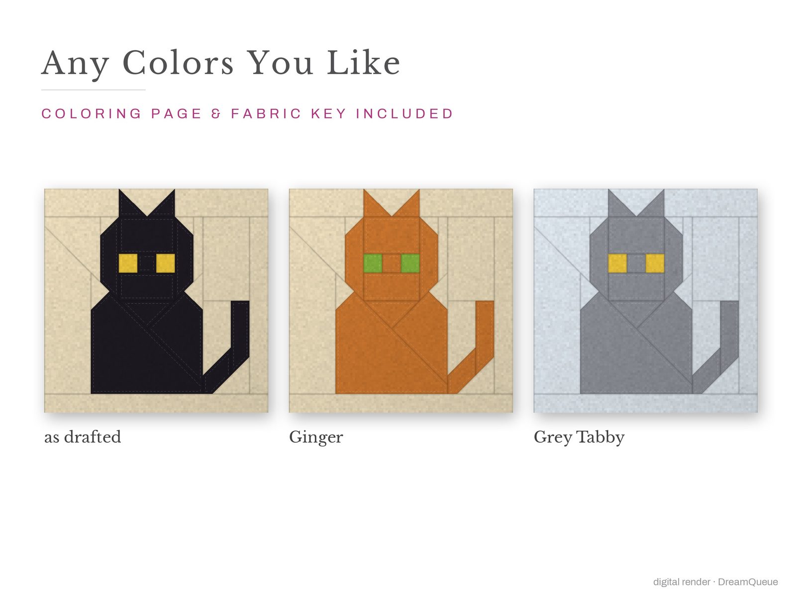 The Black Cat quilt block in three colorways, as drafted, pastel and jewel tones; a coloring page and fabric key are included