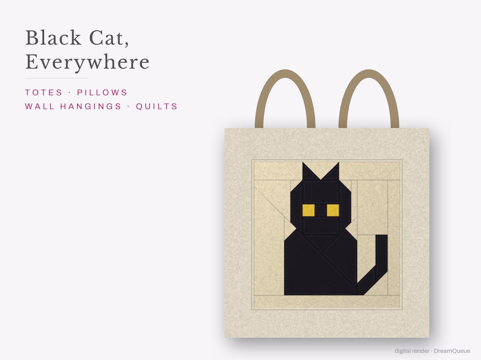 The Black Cat quilt block sewn into a tote bag, one idea for totes, pillows, wall hangings and quilts