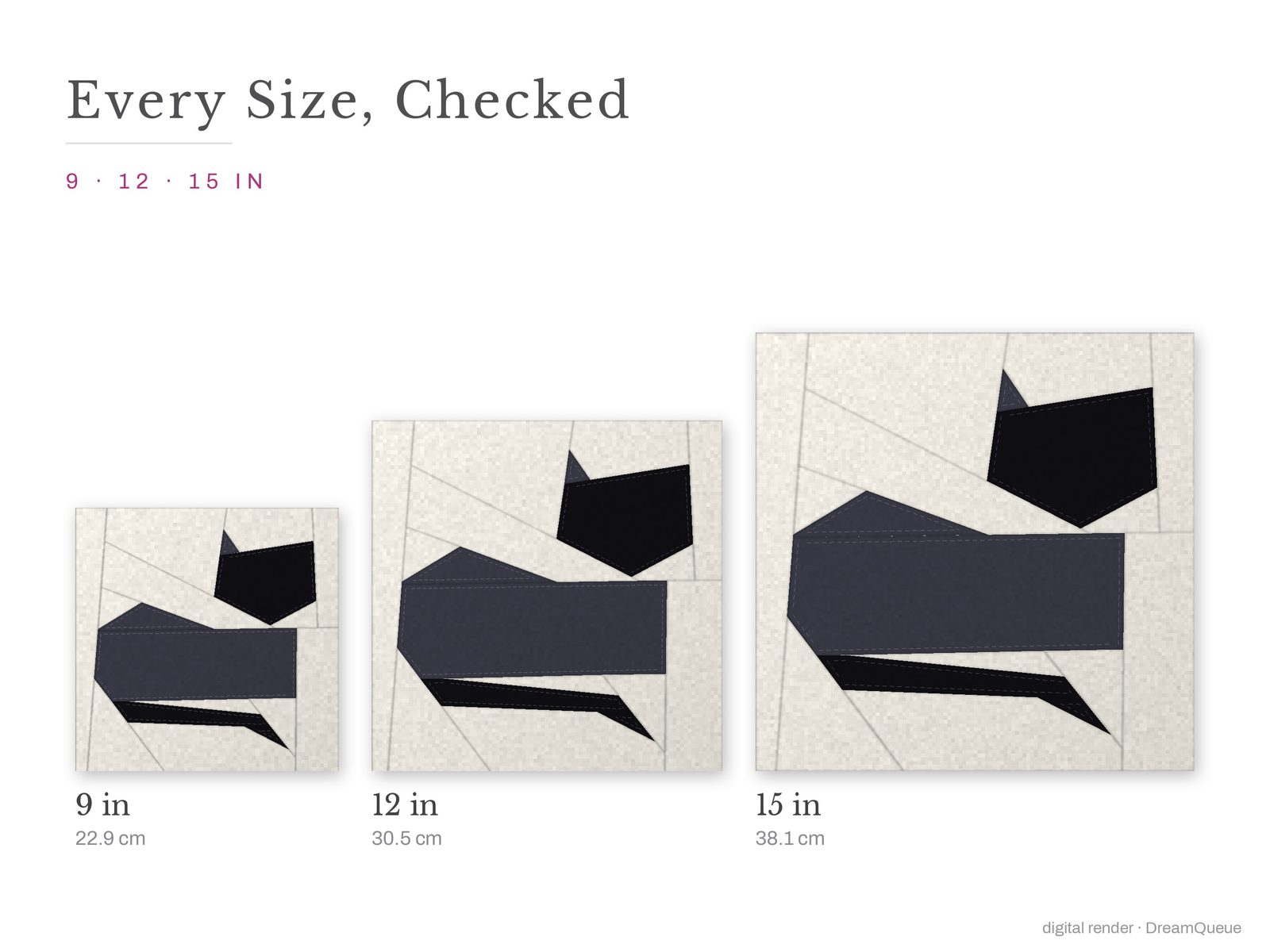 The Prowling Cat quilt block at every finished size: 9, 12 and 15 inch