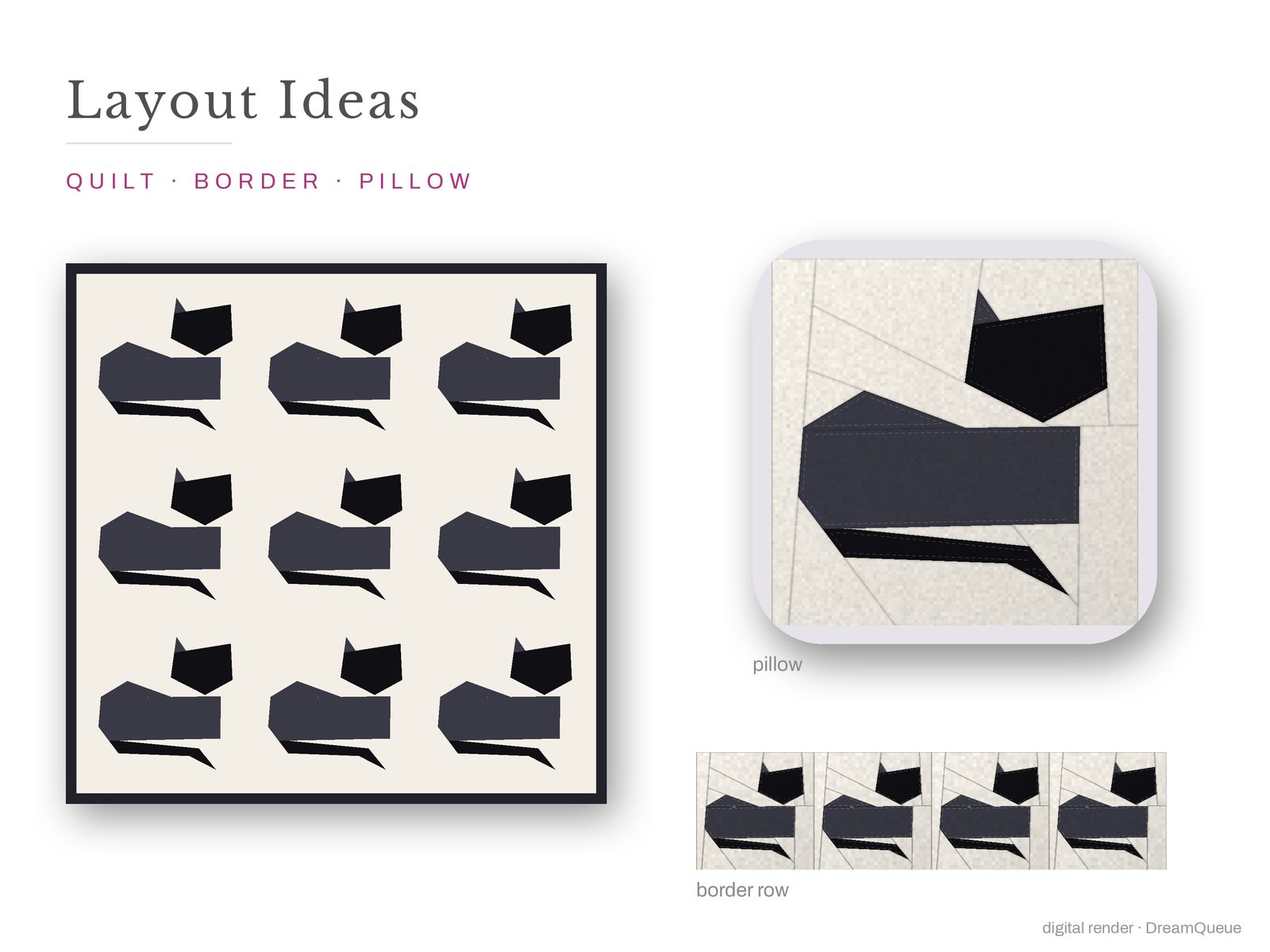 Layout ideas for the Prowling Cat quilt block: a full quilt, a border row and a pillow