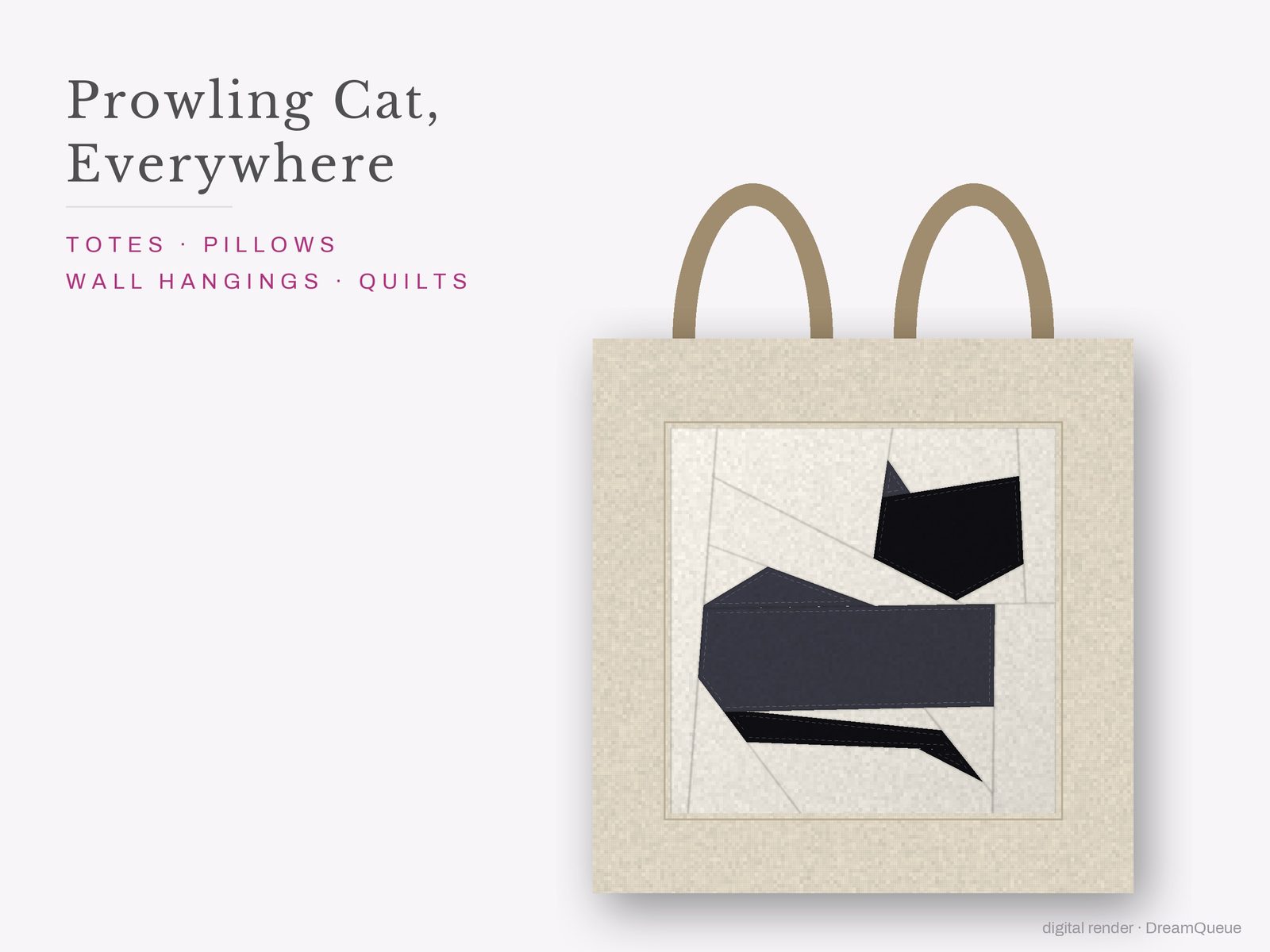 The Prowling Cat quilt block sewn into a tote bag, one idea for totes, pillows, wall hangings and quilts