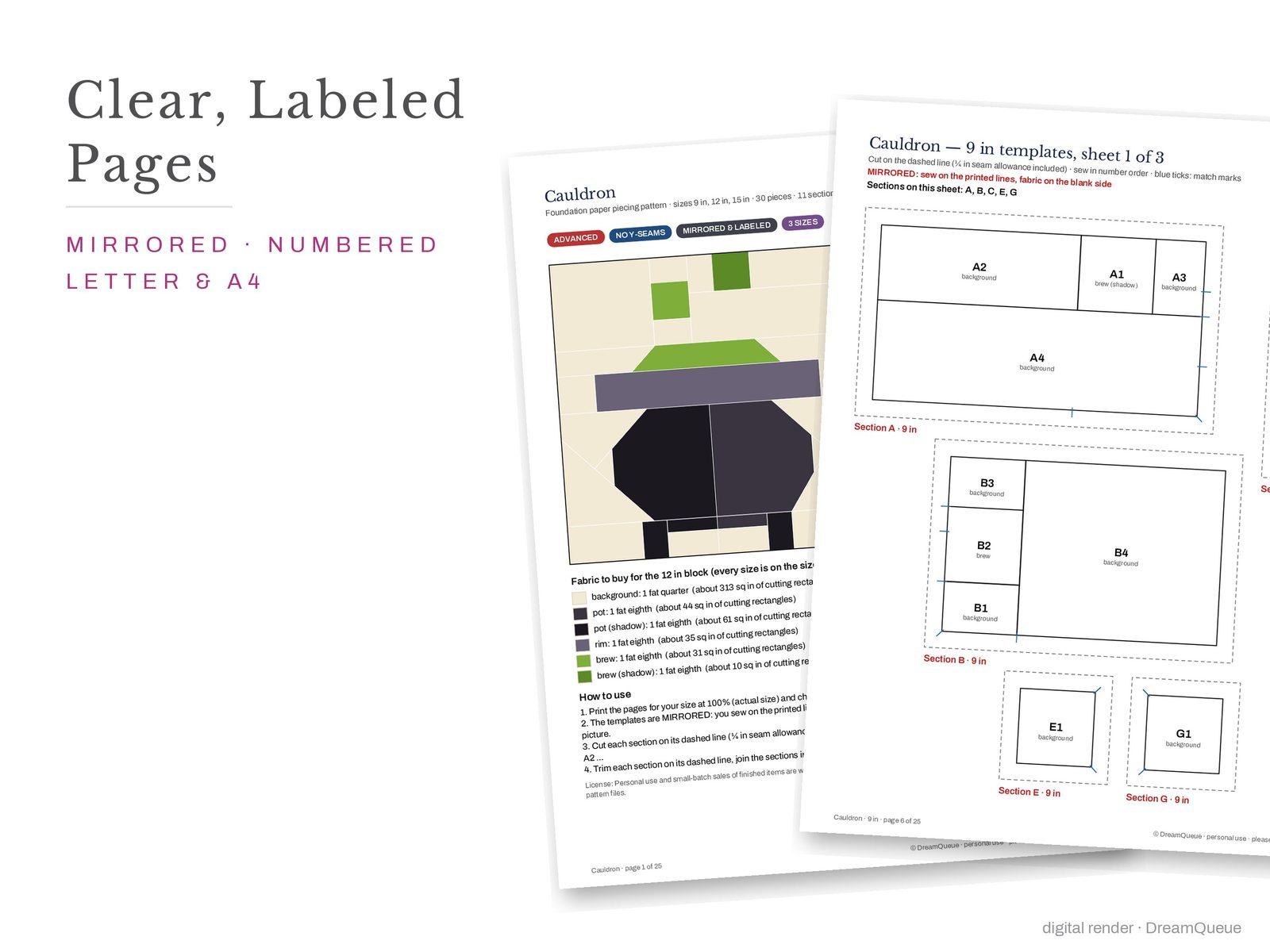 Cover page and a mirrored, numbered template sheet from the Cauldron quilt block FPP pattern