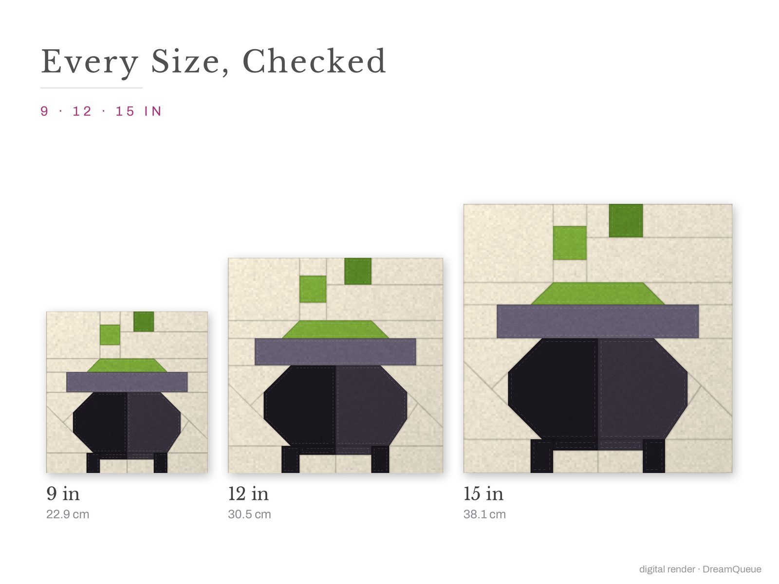 The Cauldron quilt block at every finished size: 9, 12 and 15 inch