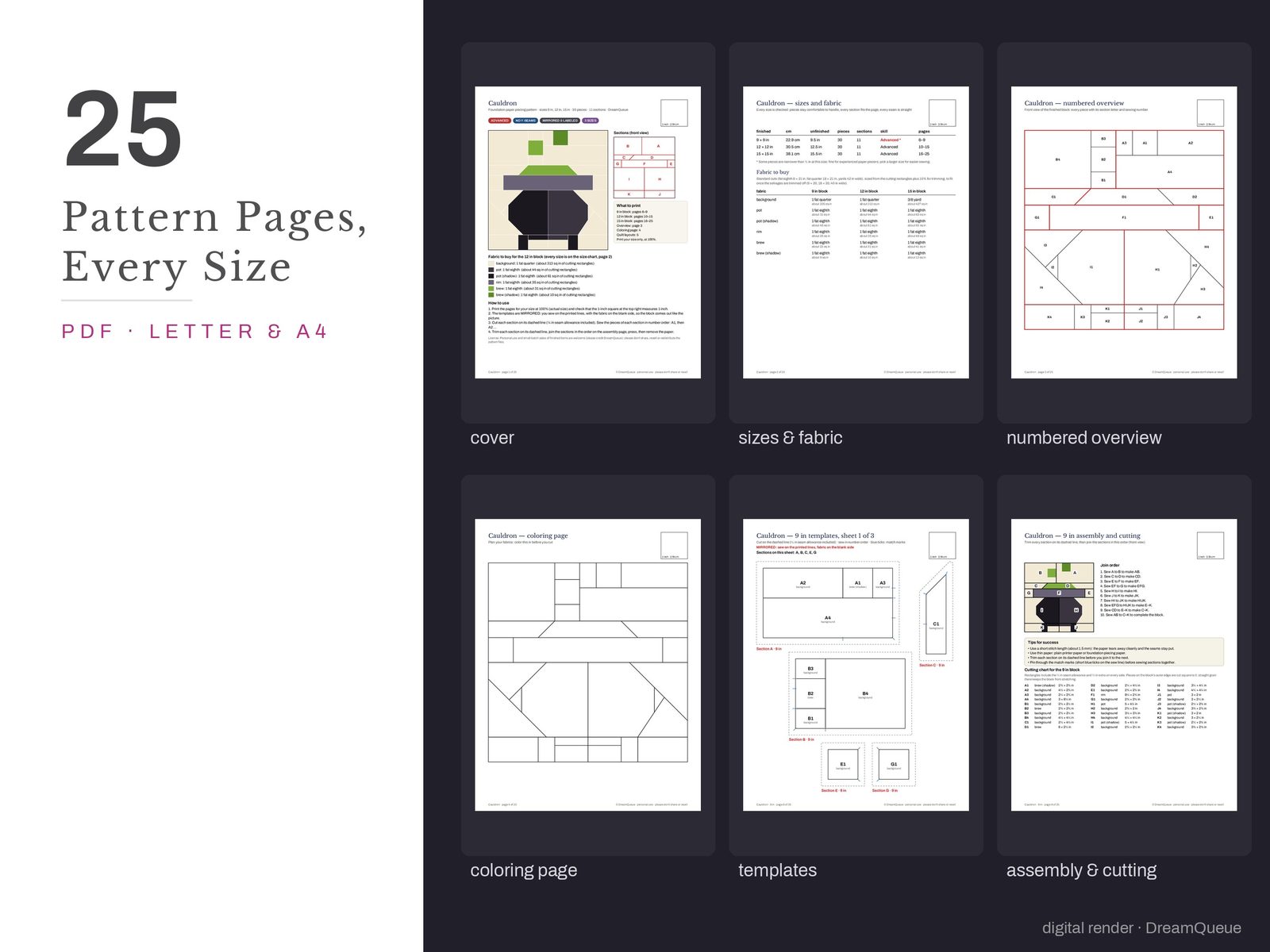 Thumbnails of the Cauldron quilt block pattern pages: cover, size and fabric chart, numbered overview, coloring page, templates, assembly and cutting chart