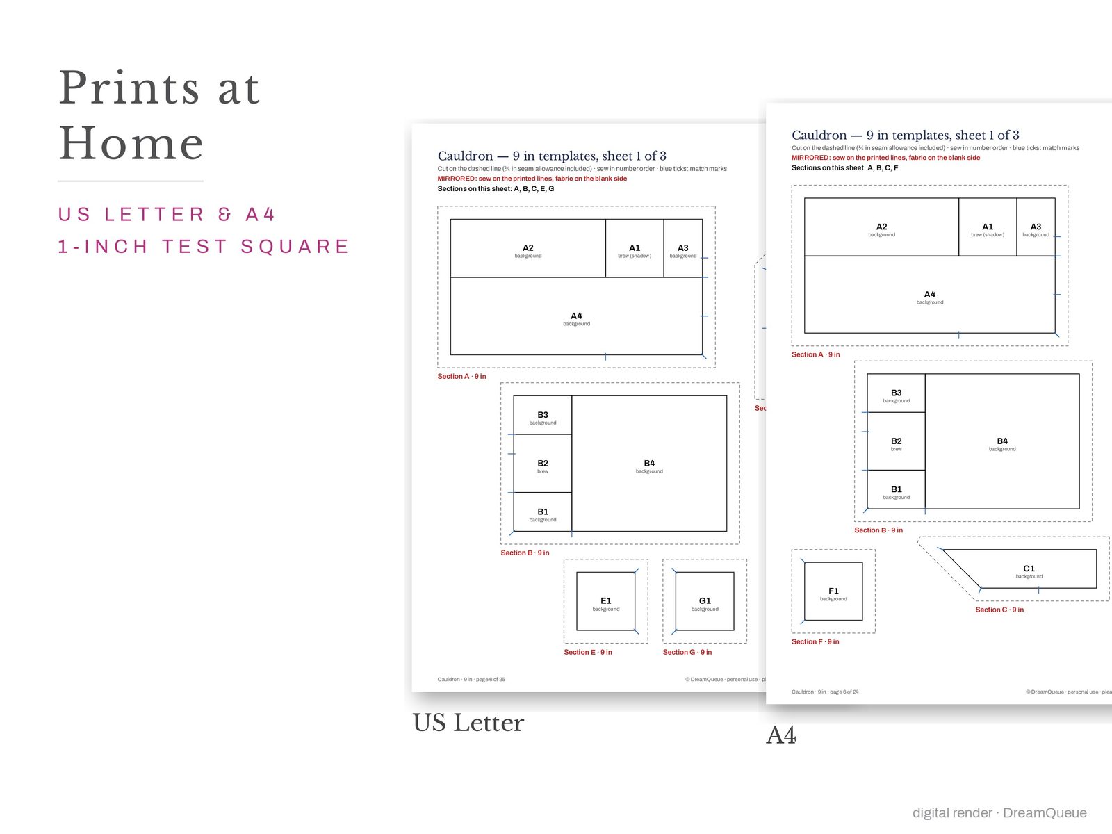 Cauldron quilt block templates printed on US Letter and A4 paper with a 1-inch test square to check the print scale