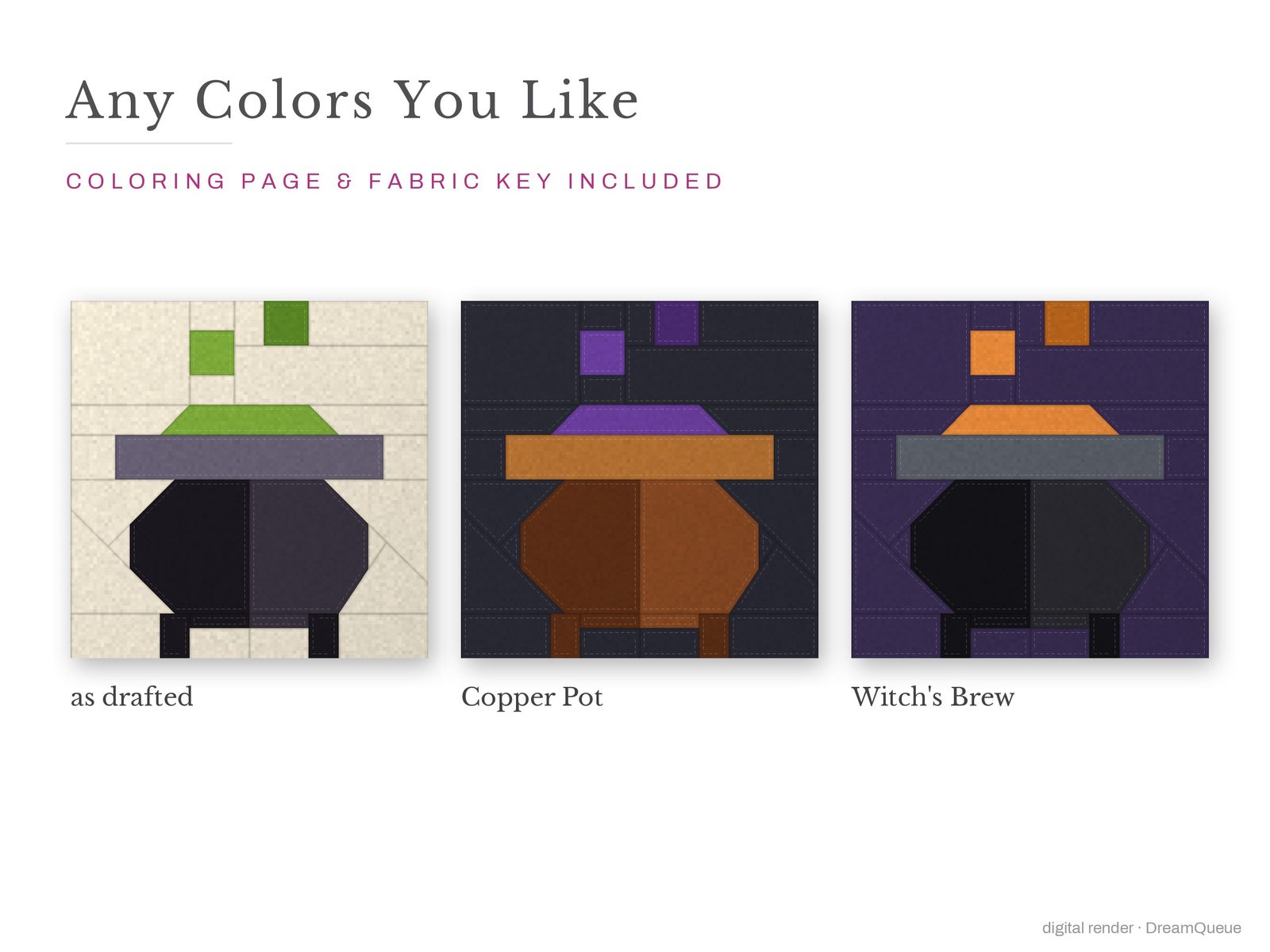 The Cauldron quilt block in three colorways, as drafted, pastel and jewel tones; a coloring page and fabric key are included