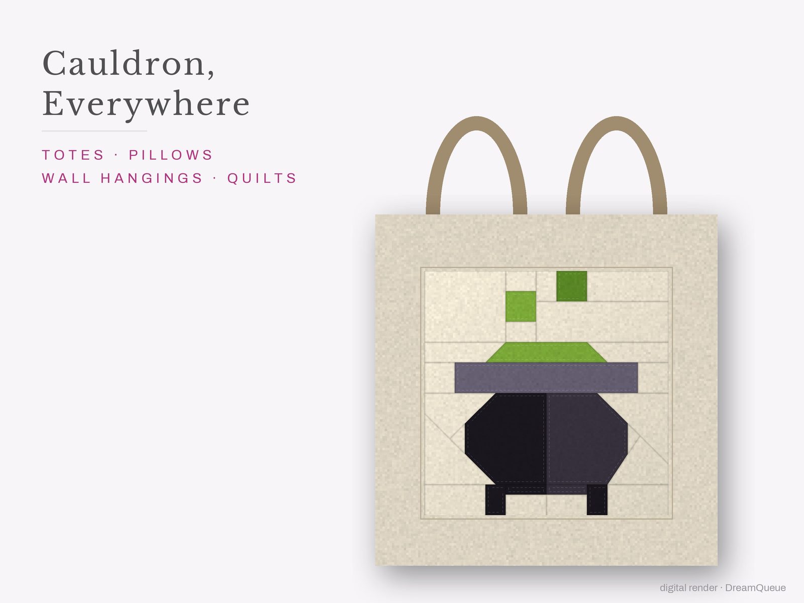 The Cauldron quilt block sewn into a tote bag, one idea for totes, pillows, wall hangings and quilts