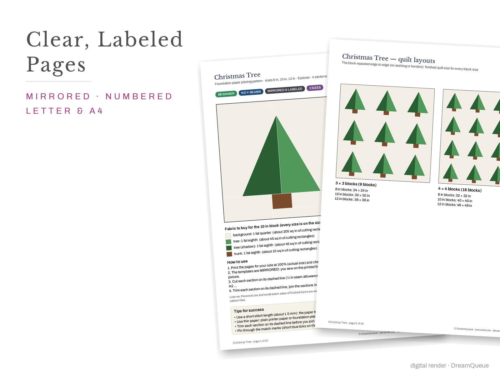 Cover page and a mirrored, numbered template sheet from the Christmas bundle of 9 quilt blocks FPP pattern