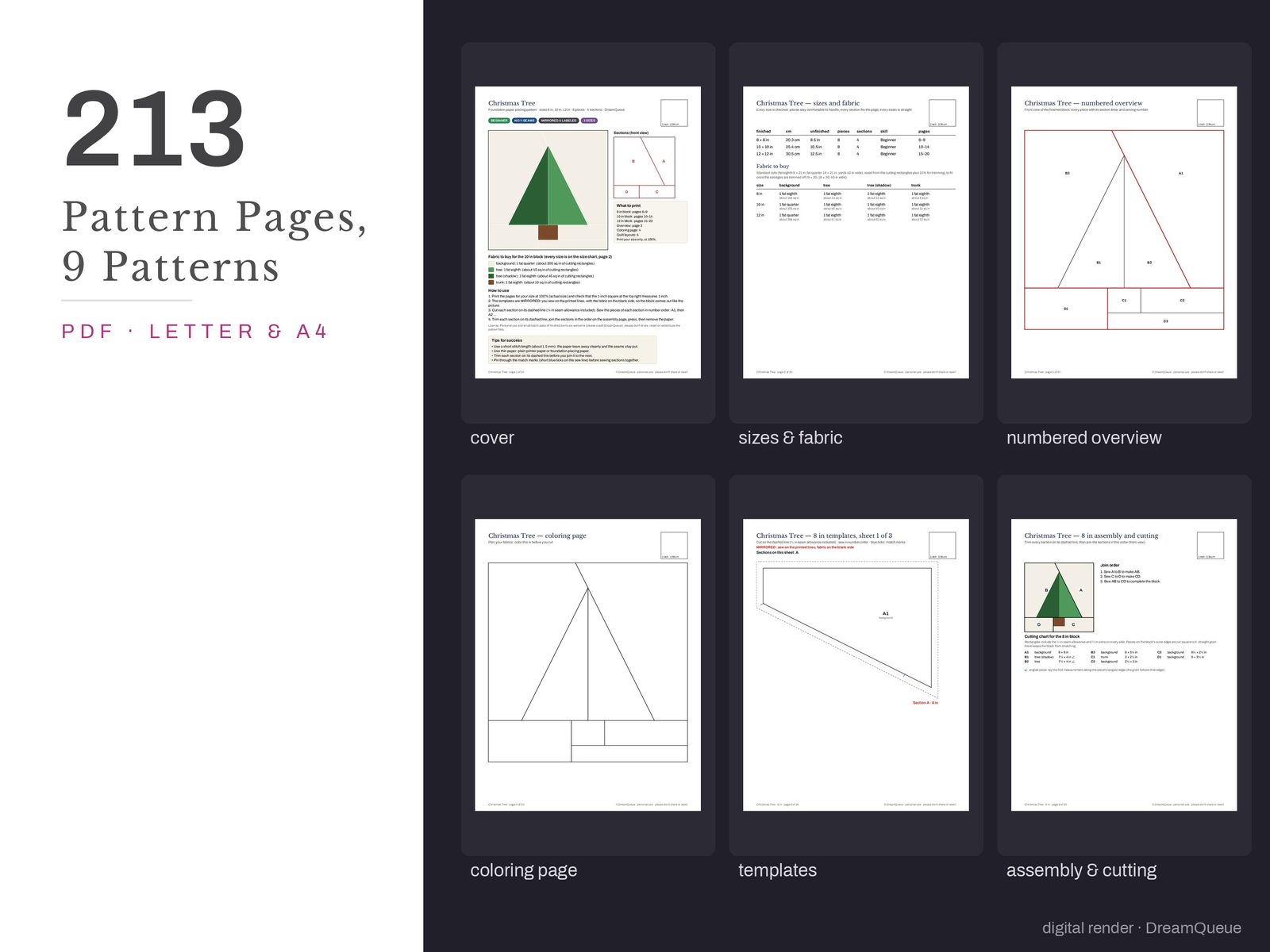 Thumbnails of the Christmas bundle of 9 quilt blocks pattern pages: cover, size and fabric chart, numbered overview, coloring page, templates, assembly and cutting chart