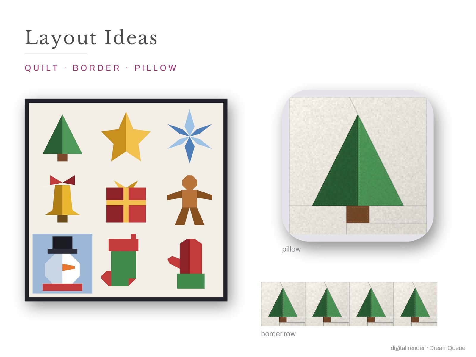 Layout ideas for the Christmas bundle of 9 quilt blocks: a full quilt, a border row and a pillow