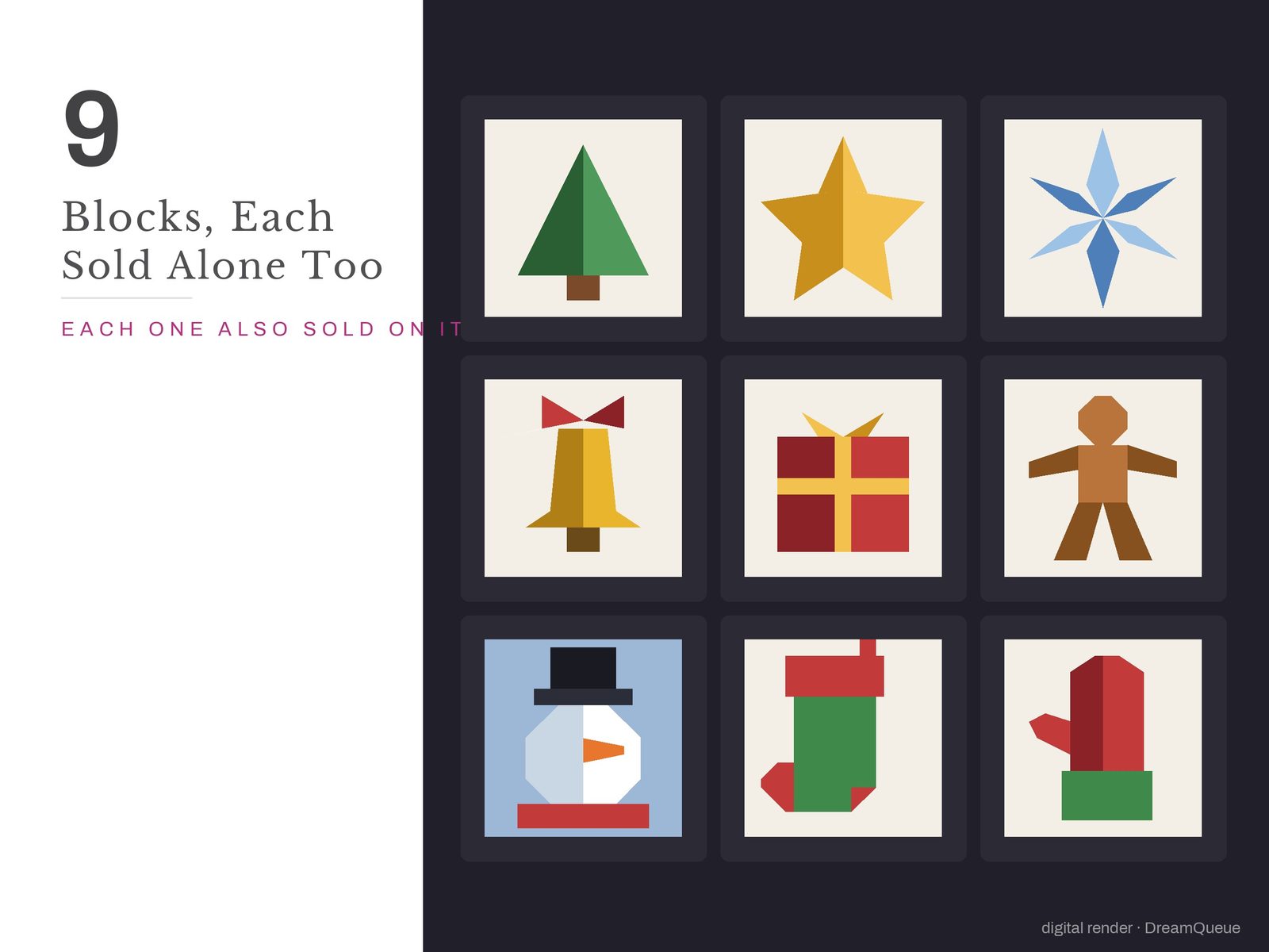 All 9 blocks in the Christmas bundle: Christmas Tree, Christmas Star, Snowflake, Bell, Gift, Gingerbread Man, Snowman, Stocking, Mitten; each is also sold on its own