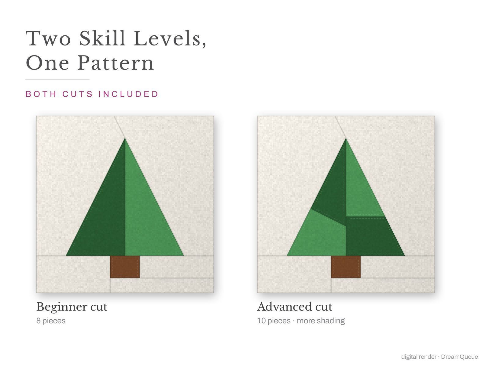 Christmas: Skill level beginner to intermediate: no Y-seams, mirrored and labeled templates, every size checked, pieces numbered in sewing order, cutting chart and fabric to buy