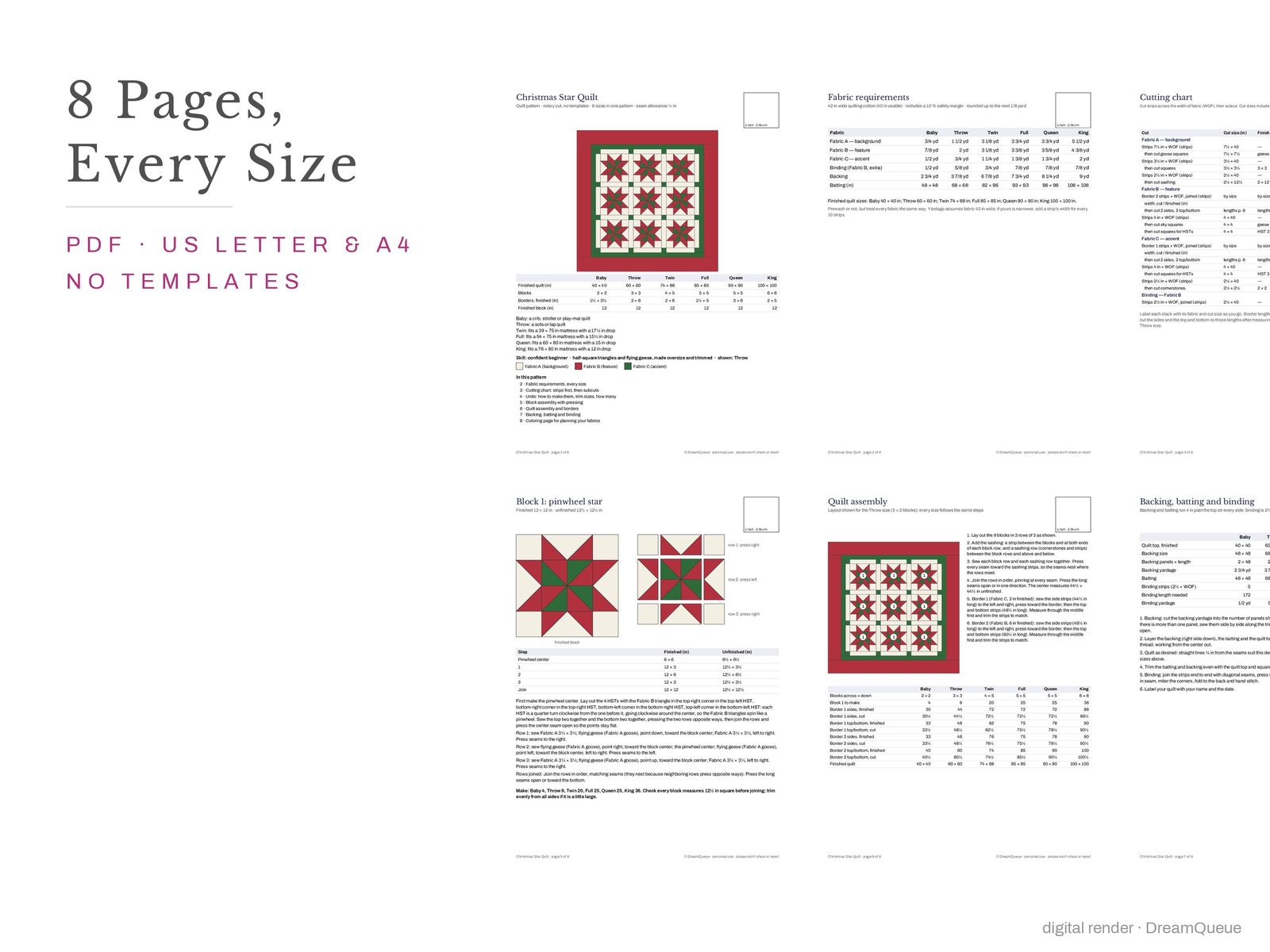 Thumbnails of every page of the Christmas Star quilt pattern, US Letter and A4