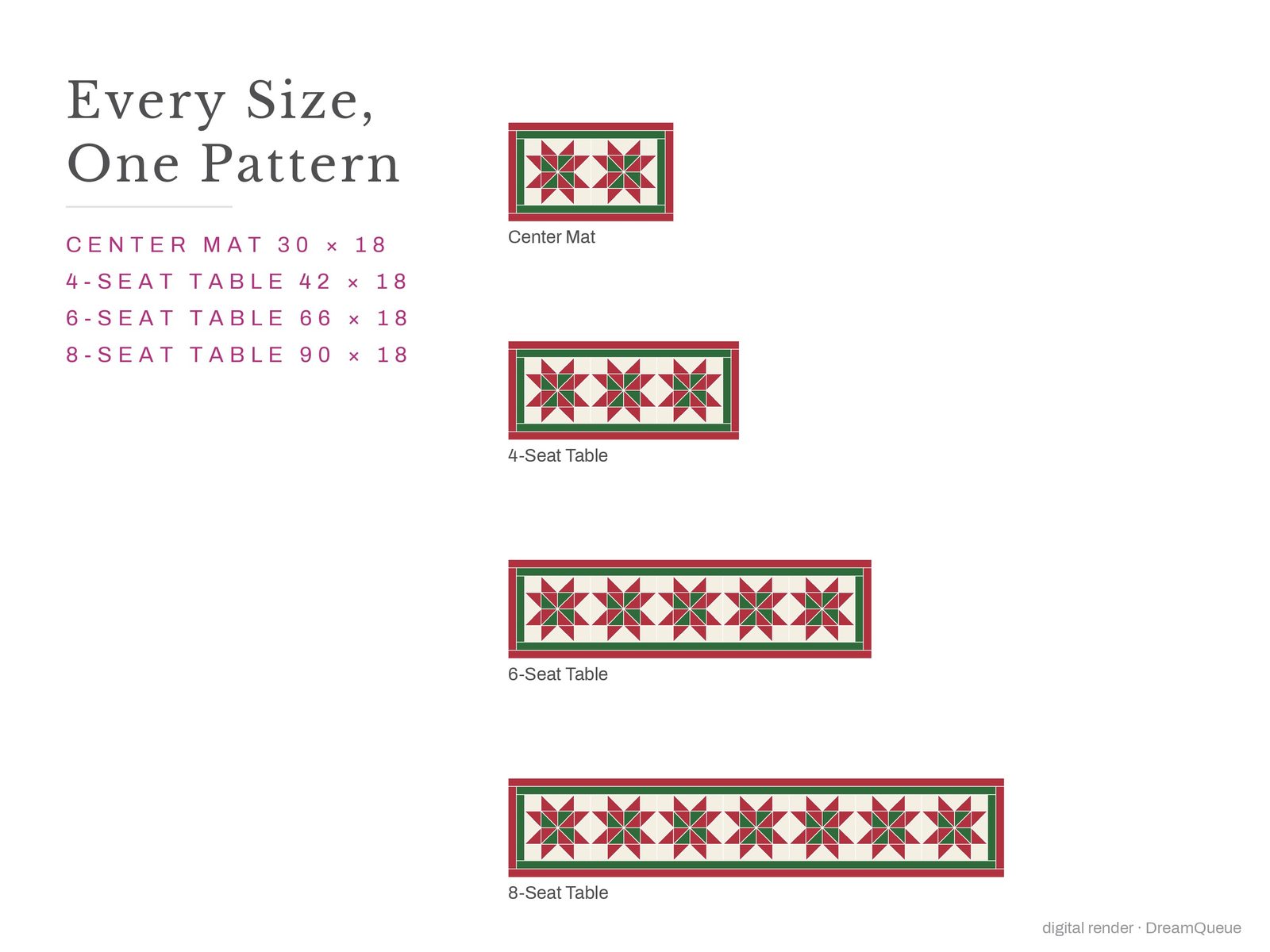 The Christmas Star table runner in every size, from a center mat to an 8-seat table, drawn to scale