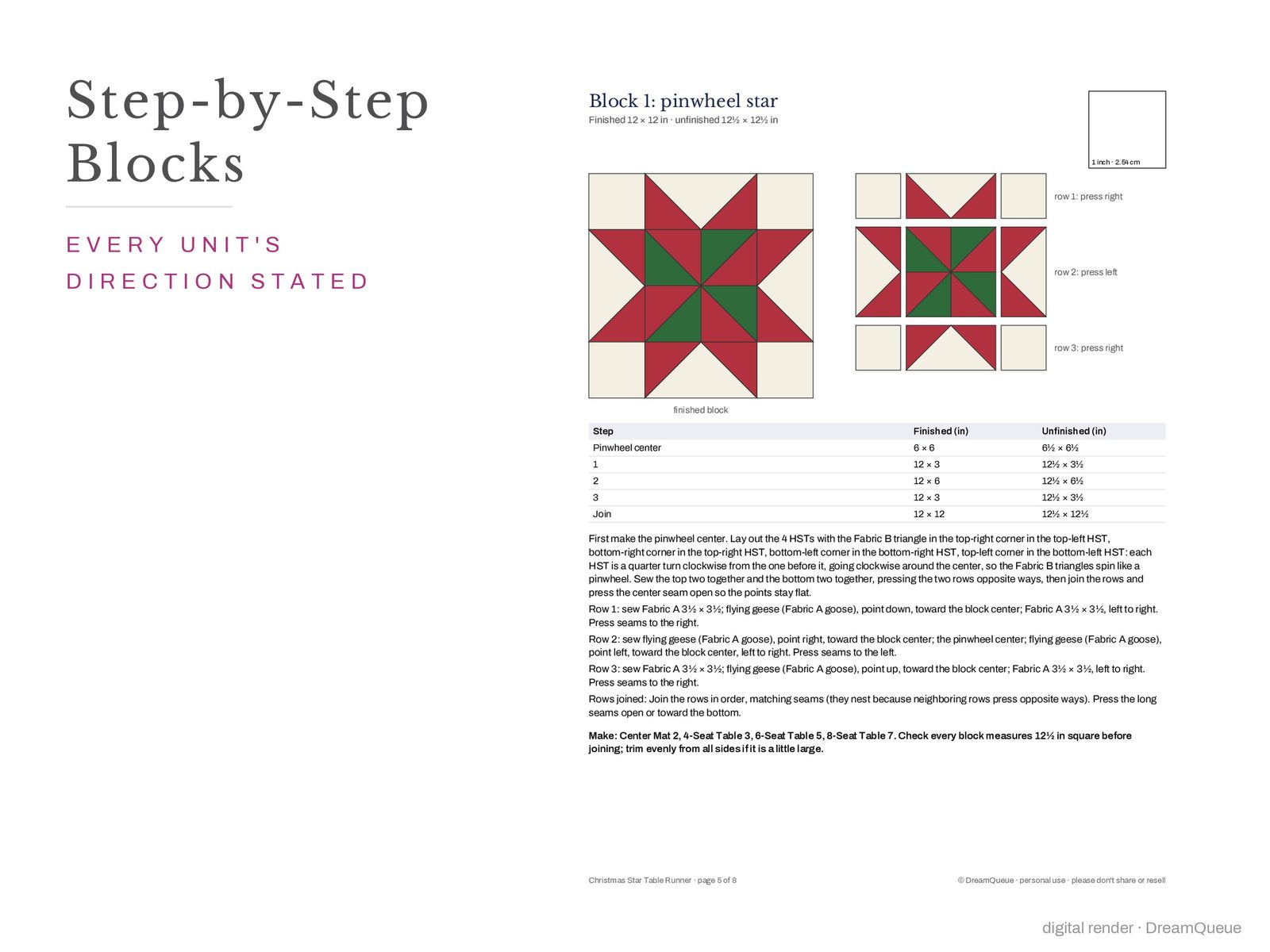 Block assembly page of the Christmas Star table runner pattern with every unit's orientation