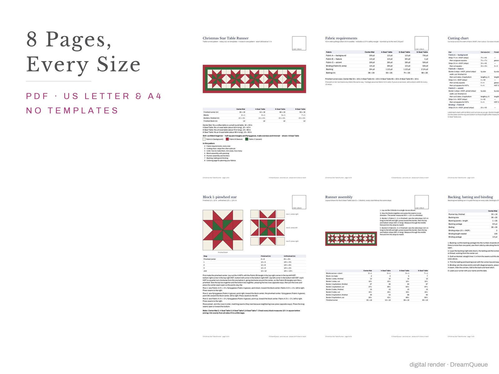 Thumbnails of every page of the Christmas Star table runner pattern, US Letter and A4