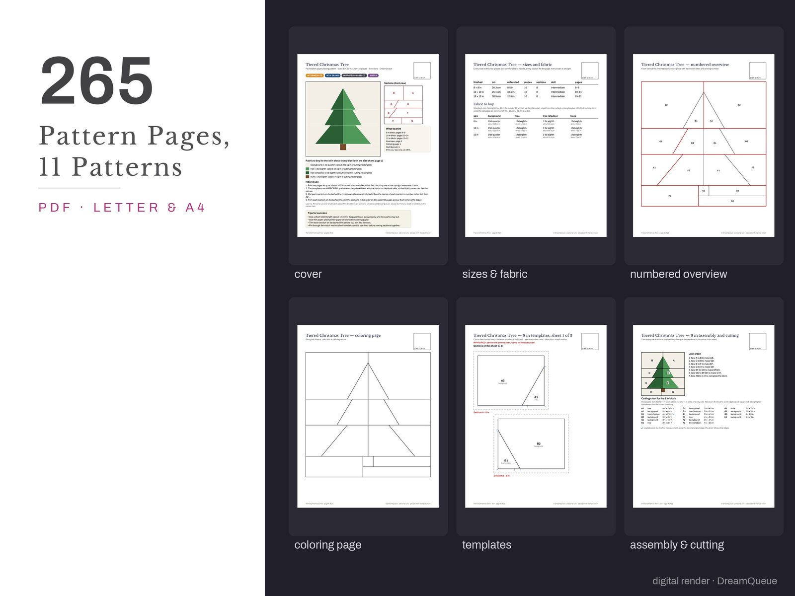 Thumbnails of the Christmas Vol. 2 bundle of 11 quilt blocks pattern pages: cover, size and fabric chart, numbered overview, coloring page, templates, assembly and cutting chart