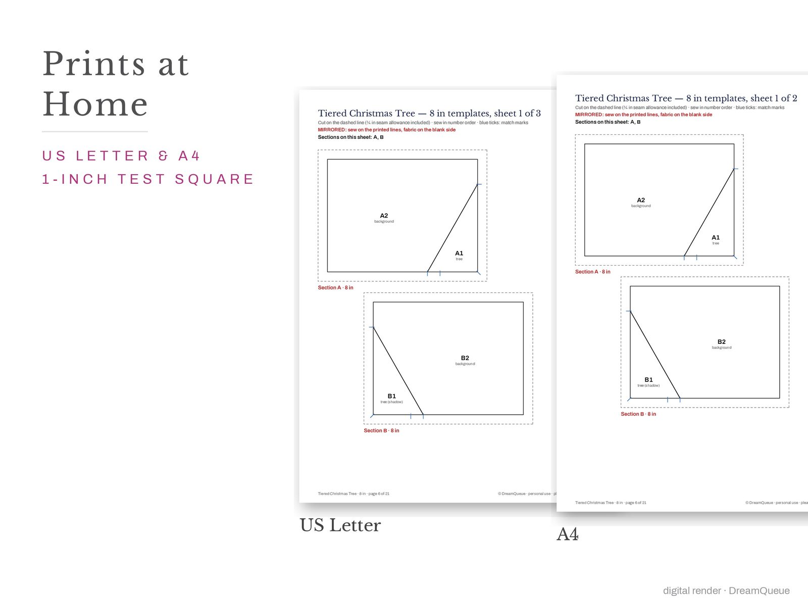 Christmas vol. 2 bundle of 11 quilt blocks templates printed on US Letter and A4 paper with a 1-inch test square to check the print scale