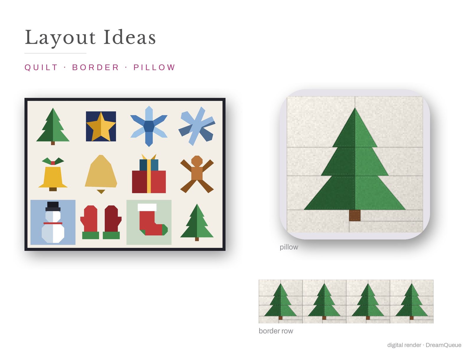 Layout ideas for the Christmas Vol. 2 bundle of 11 quilt blocks: a full quilt, a border row and a pillow