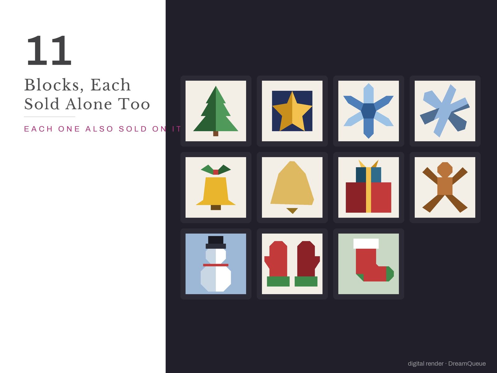 All 11 blocks in the Christmas Vol. 2 bundle: Tiered Christmas Tree, Framed Christmas Star, Hexagon Snowflake, Crossed Snowflake, Holly Bell, Ringing Bell, Stacked Gifts, Jumping Gingerbread Man, Scarf Snowman, Pair of Mittens, Classic Cuffed Stocking; each is also sold on its own