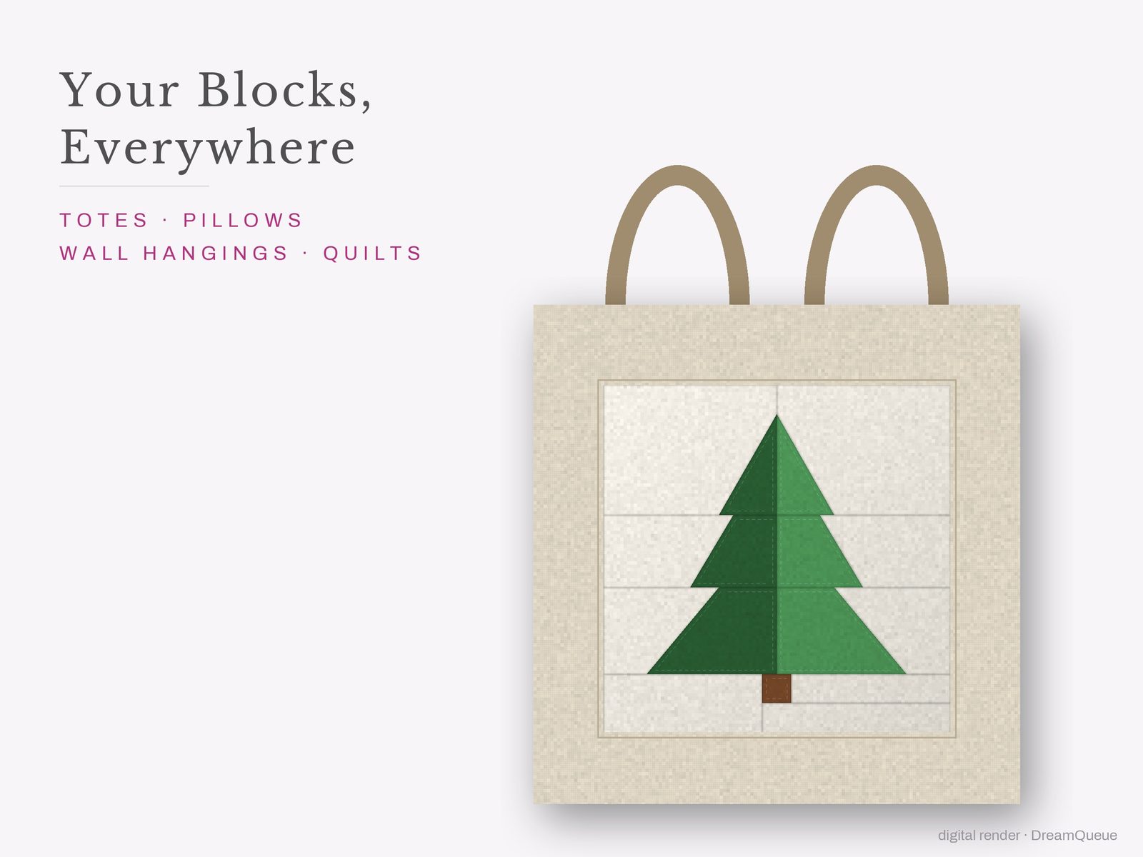 The Christmas Vol. 2 bundle of 11 quilt blocks sewn into a tote bag, one idea for totes, pillows, wall hangings and quilts