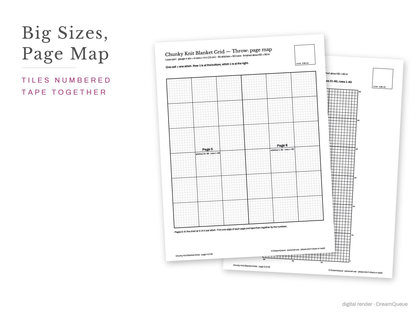 Chunky Knit Blanket Templates: Loop yarn throw chart tiled over two pages with a page map