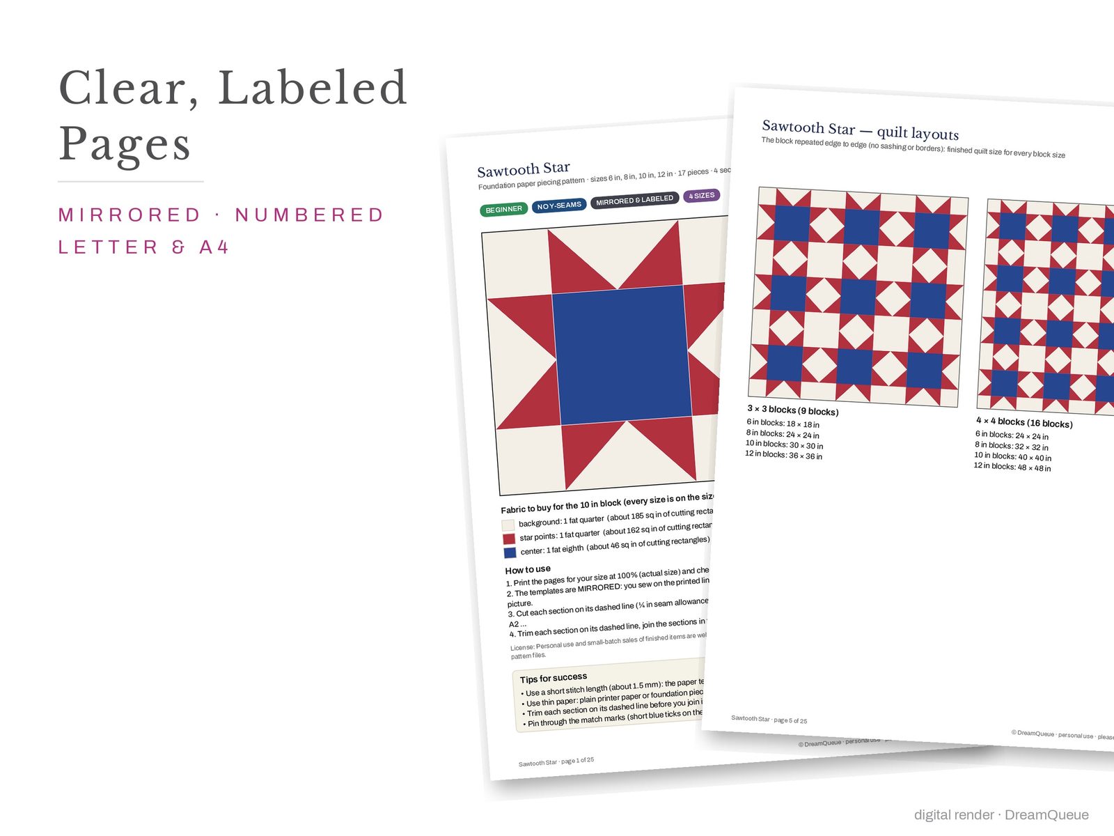 Cover page and a mirrored, numbered template sheet from the Classic Blocks bundle of 6 quilt blocks FPP pattern