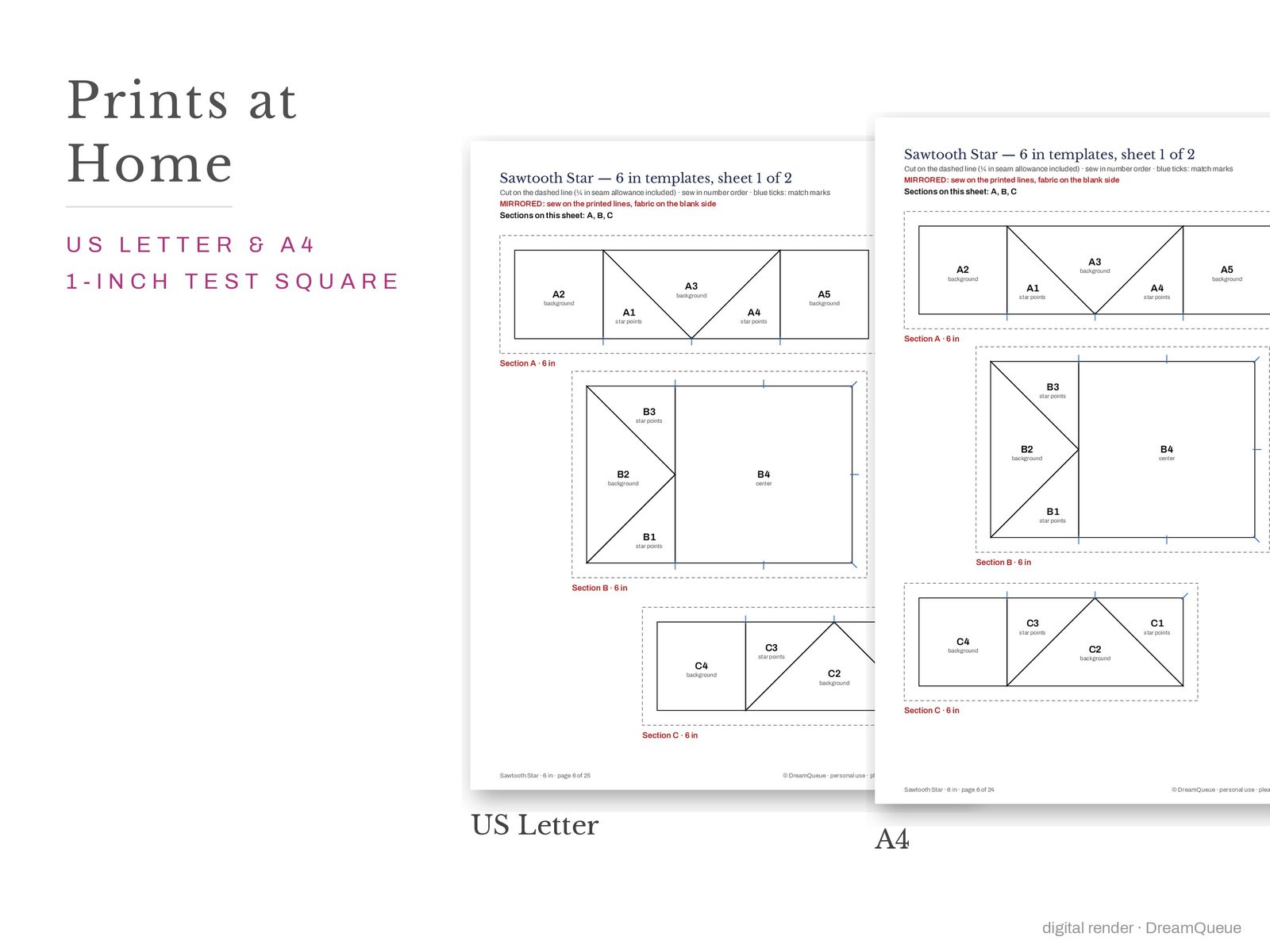 Classic blocks bundle of 6 quilt blocks templates printed on US Letter and A4 paper with a 1-inch test square to check the print scale