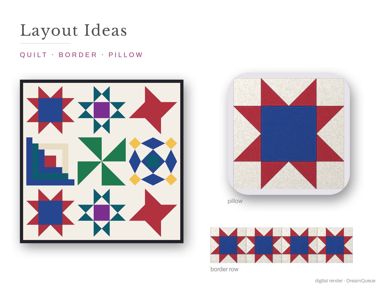 Layout ideas for the Classic Blocks bundle of 6 quilt blocks: a full quilt, a border row and a pillow