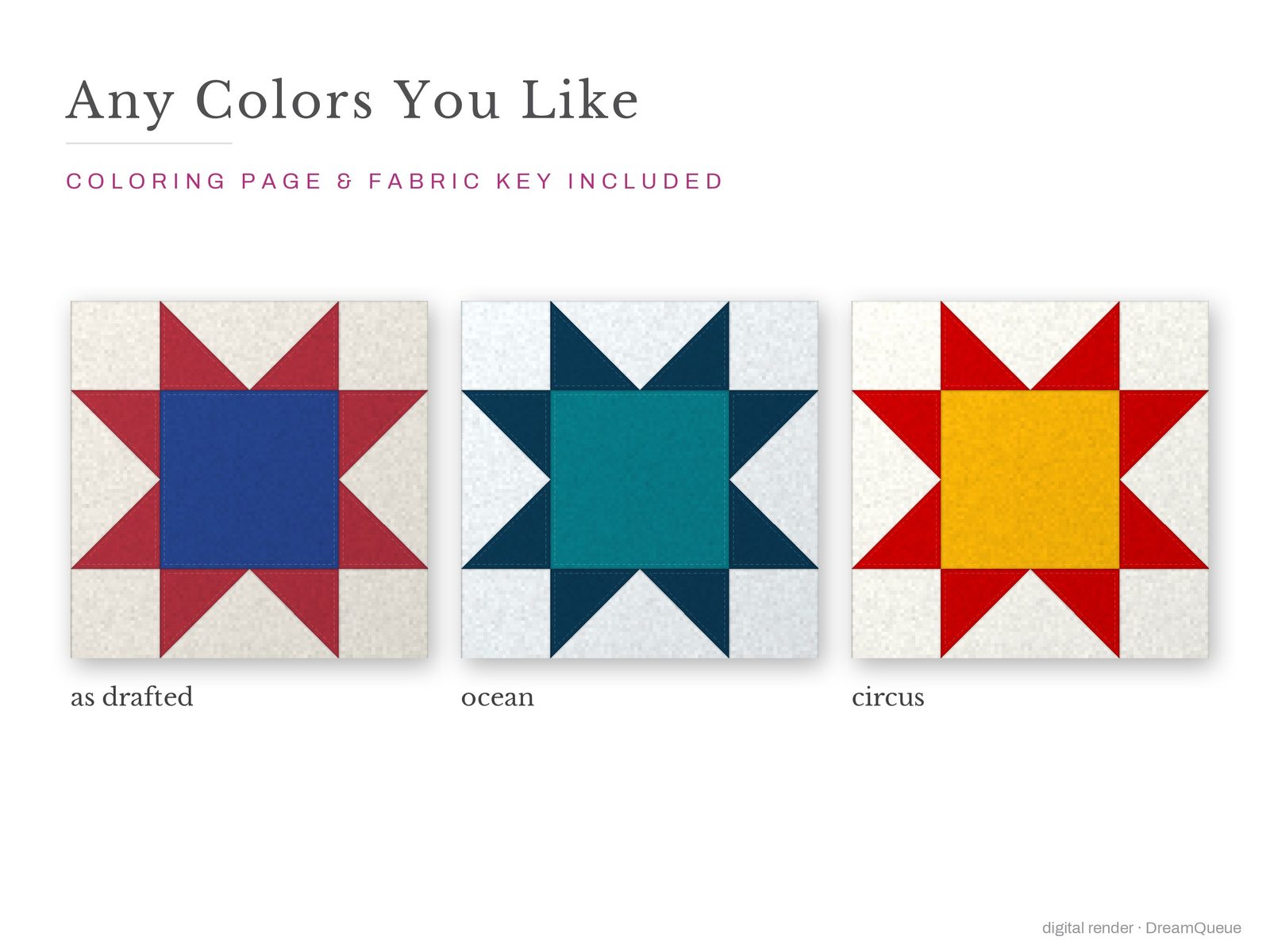 The Classic Blocks bundle of 6 quilt blocks in three colorways, as drafted, pastel and jewel tones; a coloring page and fabric key are included