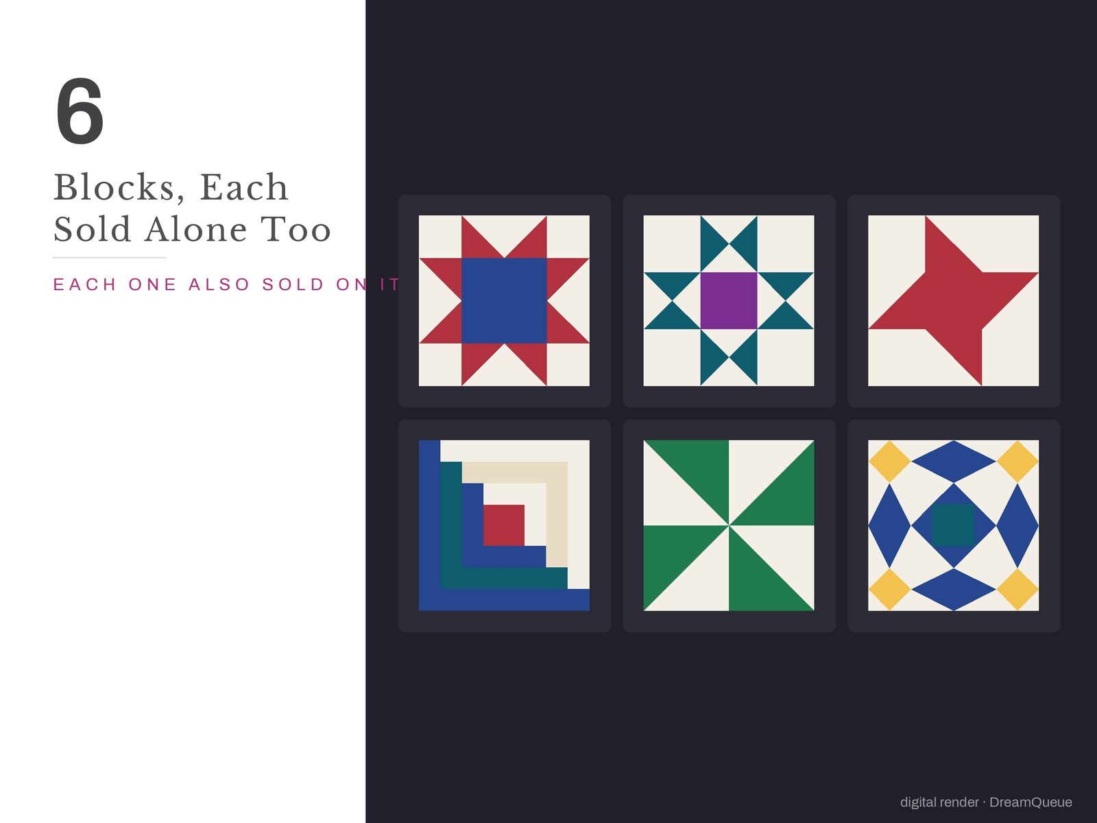 All 6 blocks in the Classic Blocks bundle: Sawtooth Star, Ohio Star, Friendship Star, Log Cabin, Pinwheel, Storm at Sea; each is also sold on its own