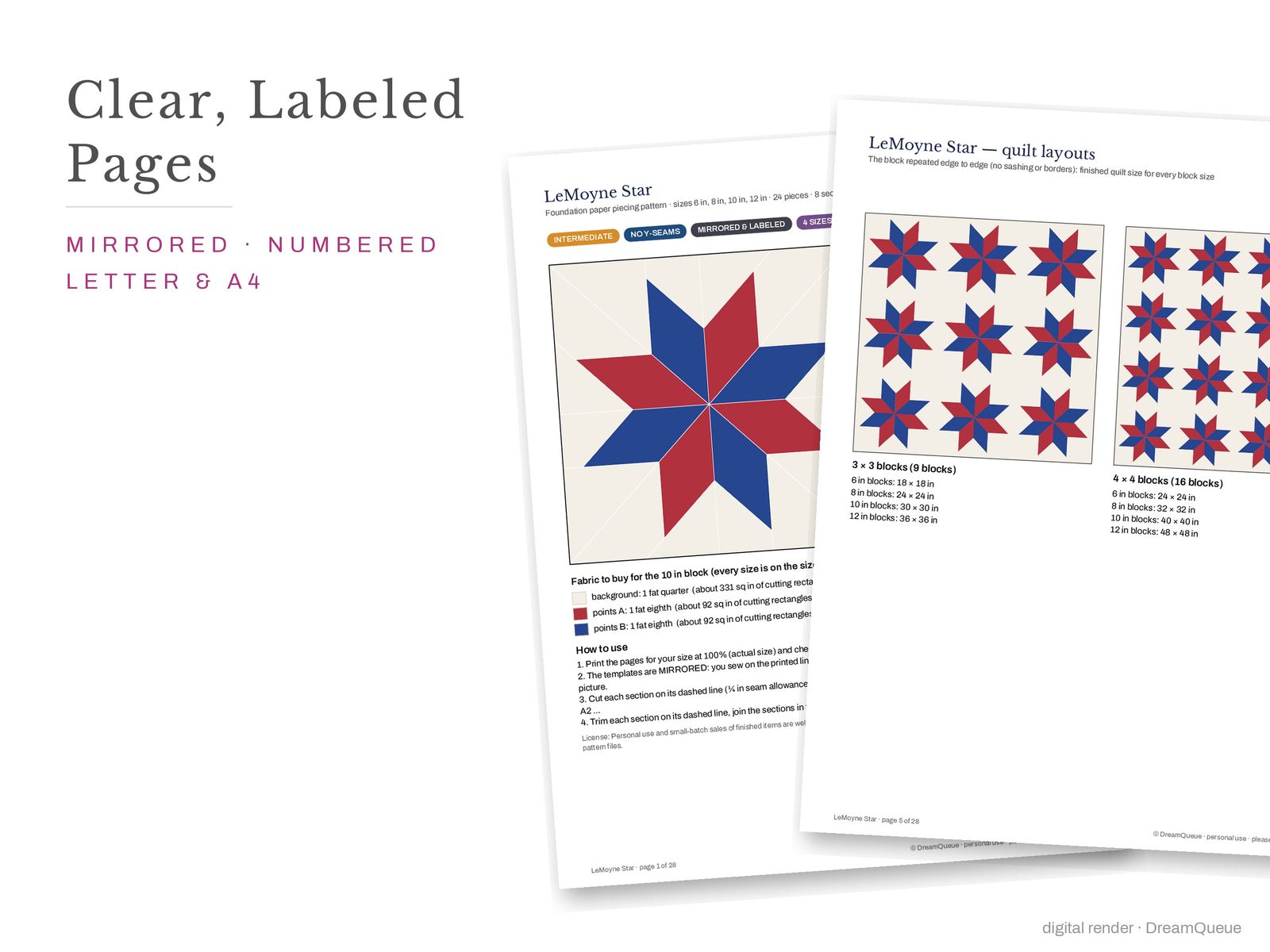 Cover page and a mirrored, numbered template sheet from the Classic Stars bundle of 5 quilt blocks FPP pattern