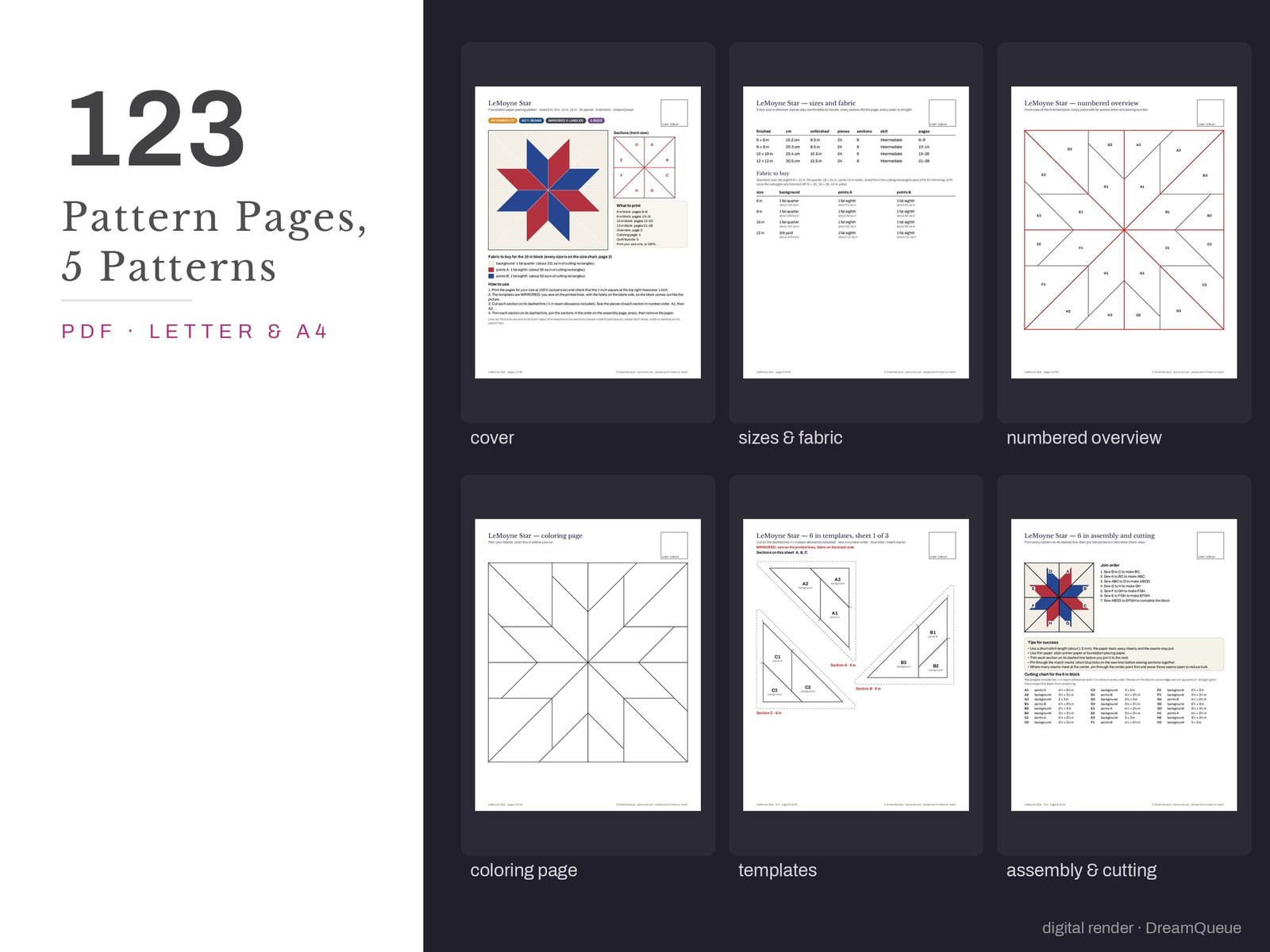 Thumbnails of the Classic Stars bundle of 5 quilt blocks pattern pages: cover, size and fabric chart, numbered overview, coloring page, templates, assembly and cutting chart