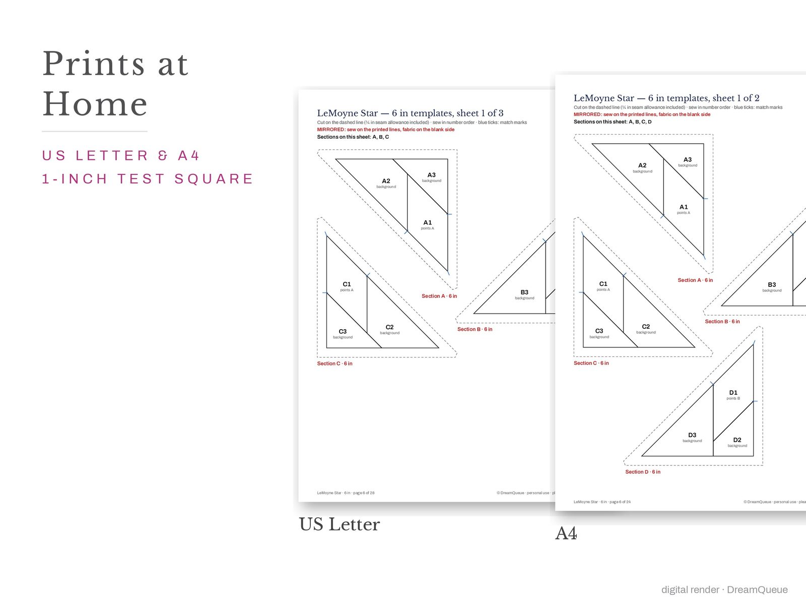 Classic stars bundle of 5 quilt blocks templates printed on US Letter and A4 paper with a 1-inch test square to check the print scale