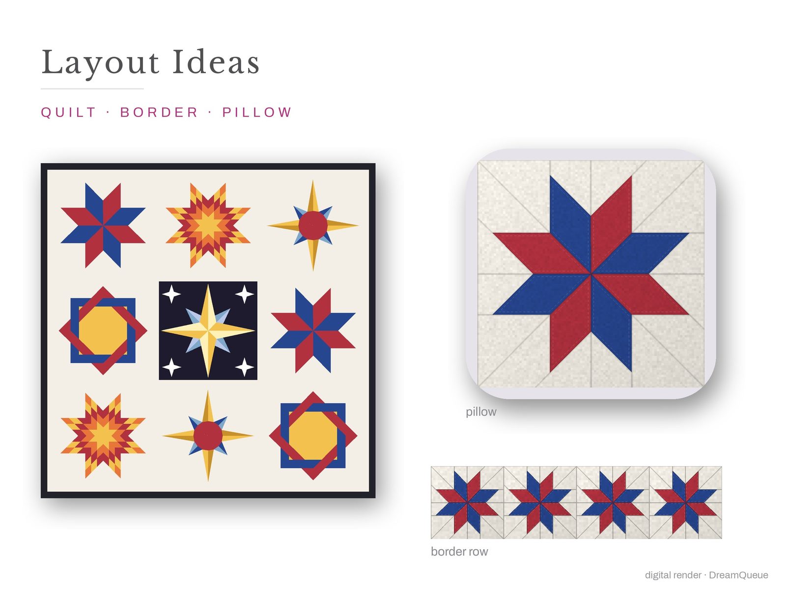 Layout ideas for the Classic Stars bundle of 5 quilt blocks: a full quilt, a border row and a pillow