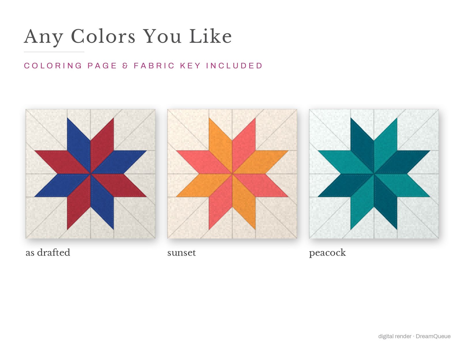 The Classic Stars bundle of 5 quilt blocks in three colorways, as drafted, pastel and jewel tones; a coloring page and fabric key are included