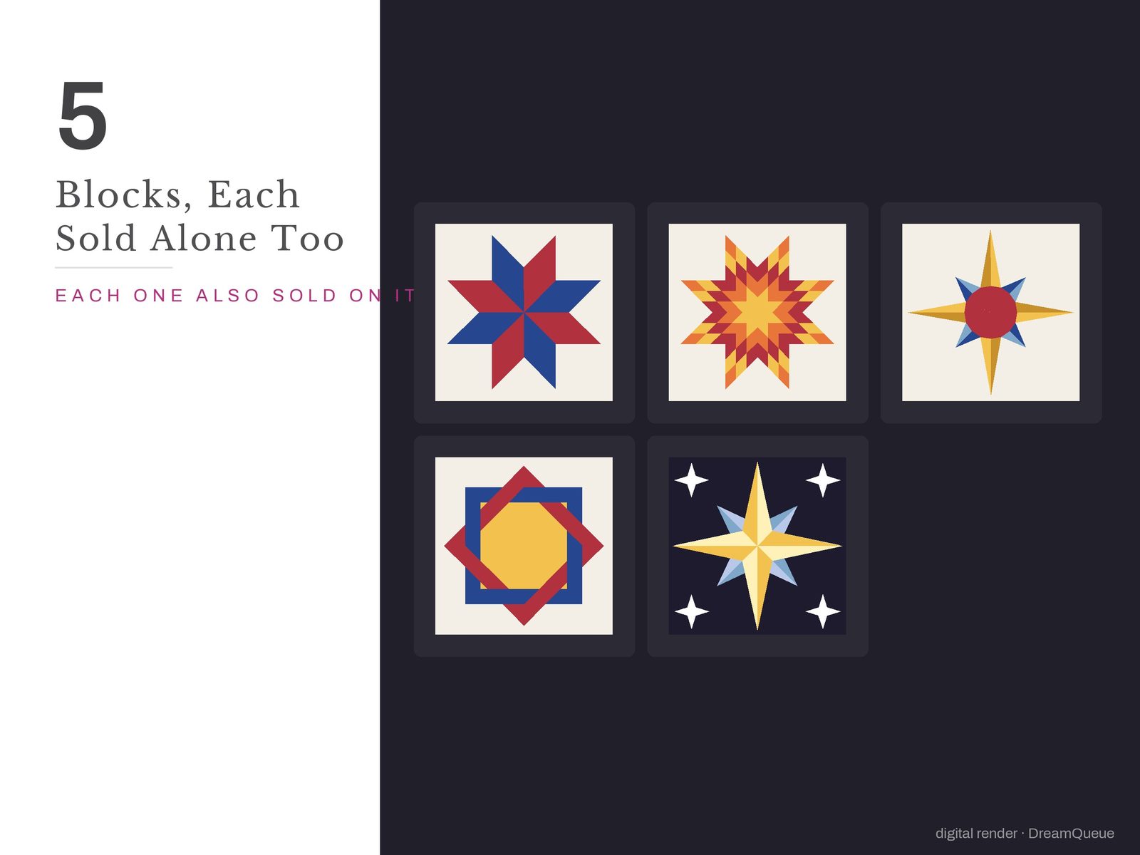 All 5 blocks in the Classic Stars bundle: LeMoyne Star, Lone Star, 8-Point Mariner's Compass, Woven Square, Twinkle Star; each is also sold on its own
