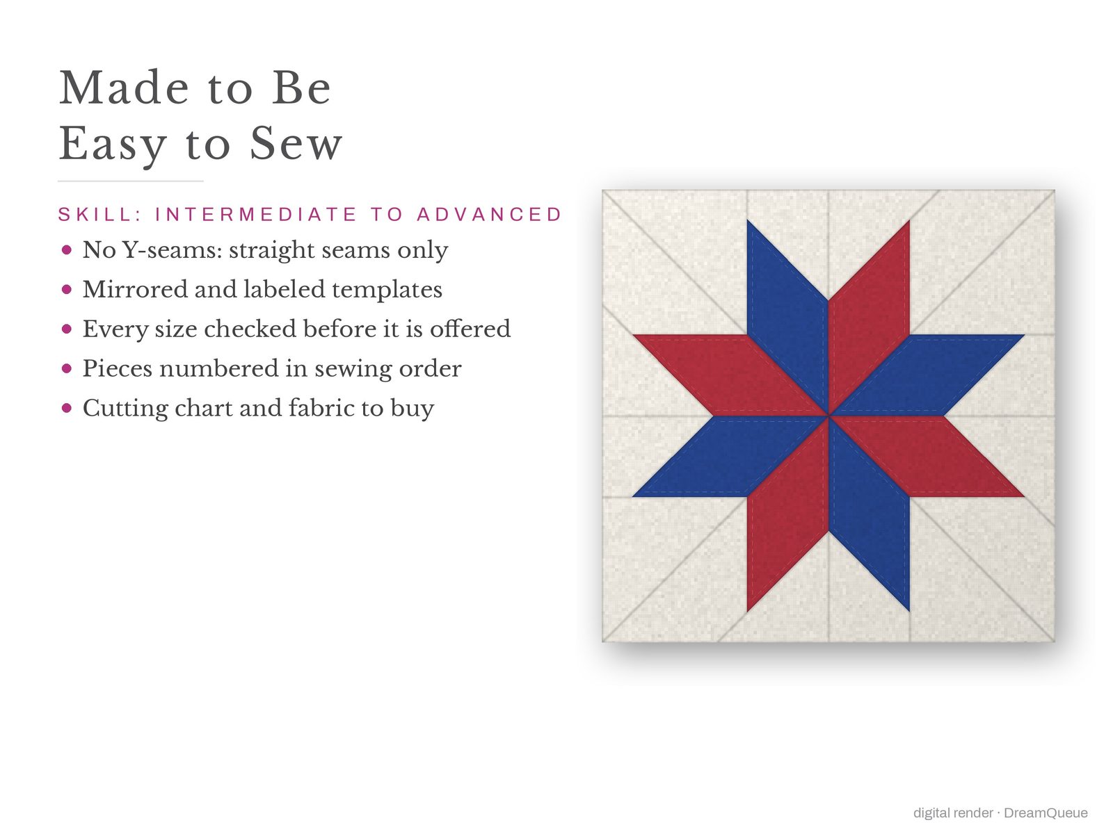 Classic Stars: Skill level intermediate to advanced: no Y-seams, mirrored and labeled templates, every size checked, pieces numbered in sewing order, cutting chart and fabric to buy