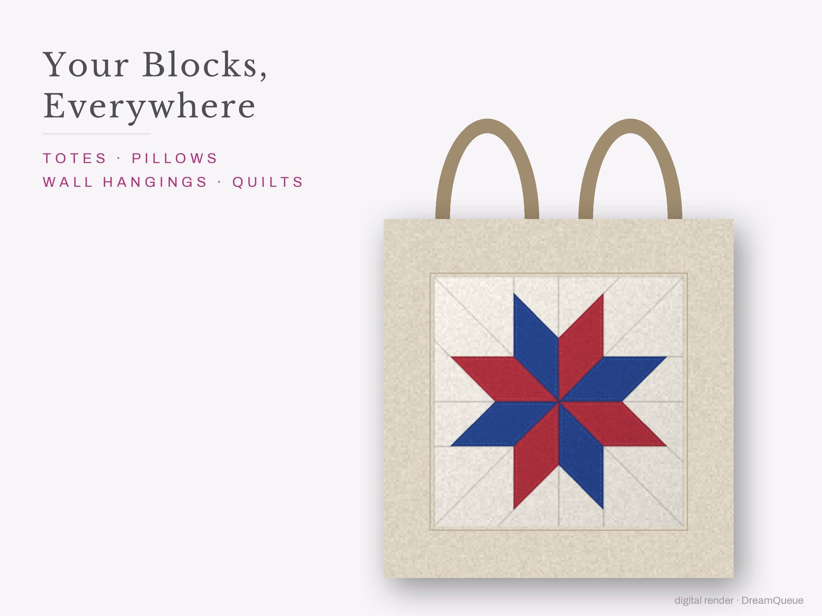 The Classic Stars bundle of 5 quilt blocks sewn into a tote bag, one idea for totes, pillows, wall hangings and quilts
