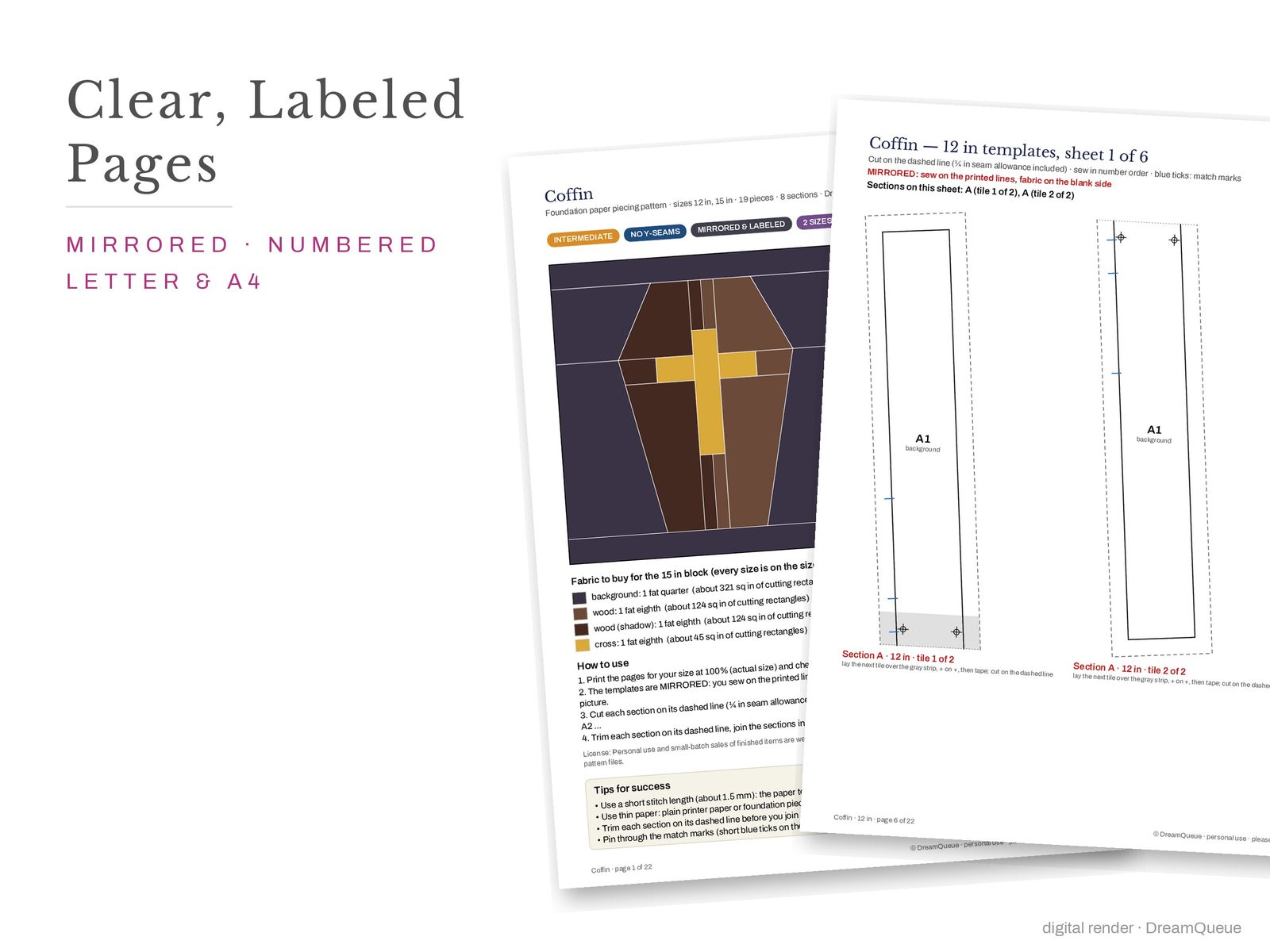 Cover page and a mirrored, numbered template sheet from the Coffin quilt block FPP pattern