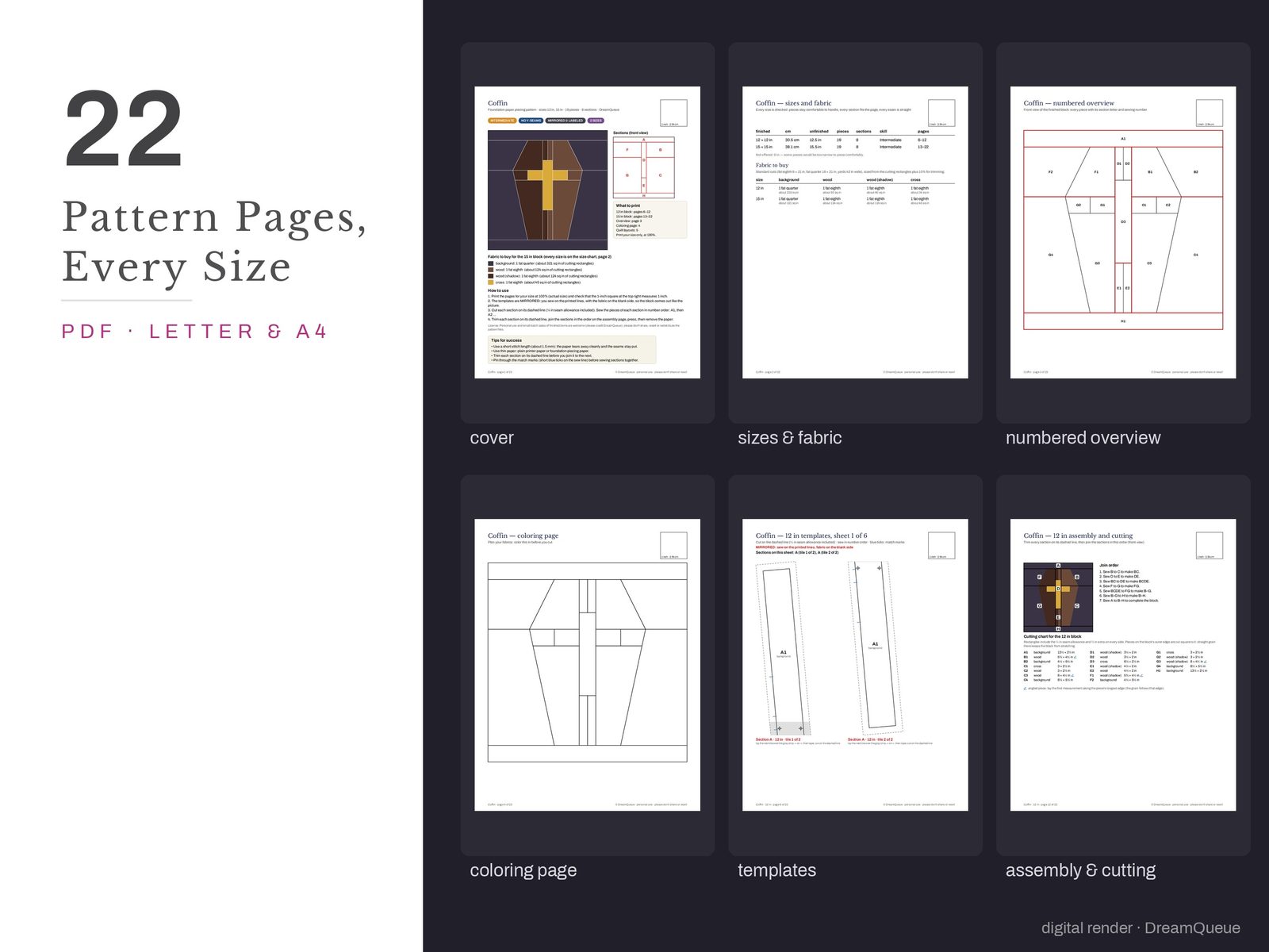 Thumbnails of the Coffin quilt block pattern pages: cover, size and fabric chart, numbered overview, coloring page, templates, assembly and cutting chart